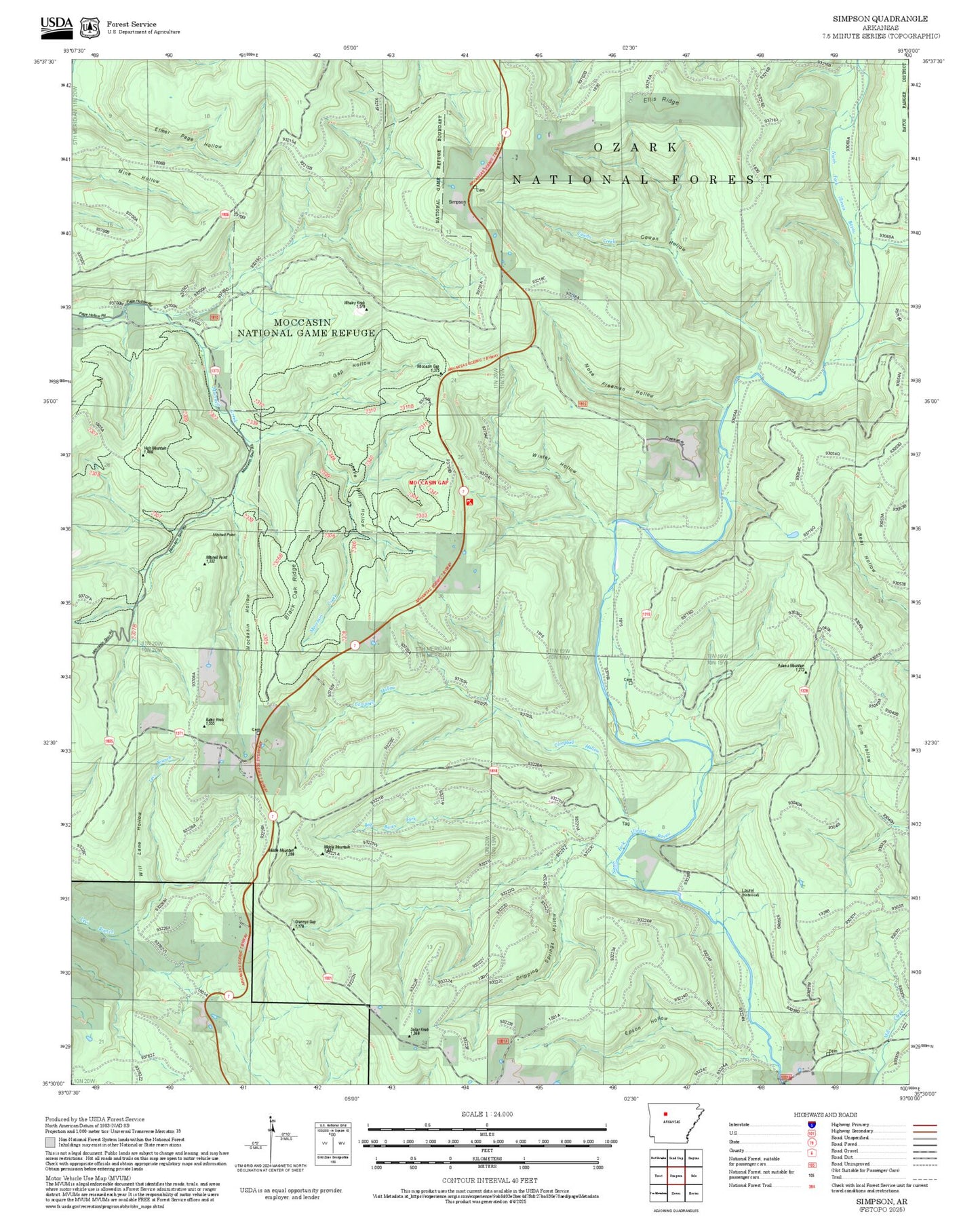 2025 Forest Service Topo Map of Simpson Arkansas