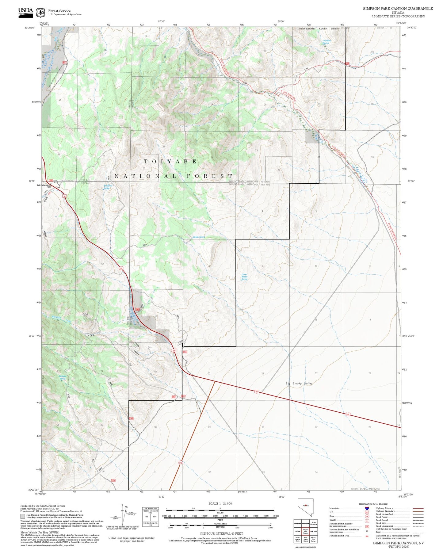 2025 Forest Service Topo Map of Simpson Park Canyon Nevada