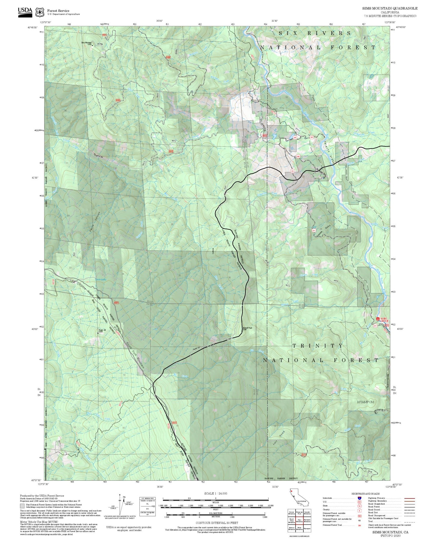 2025 Forest Service Topo Map of Sims Mountain California