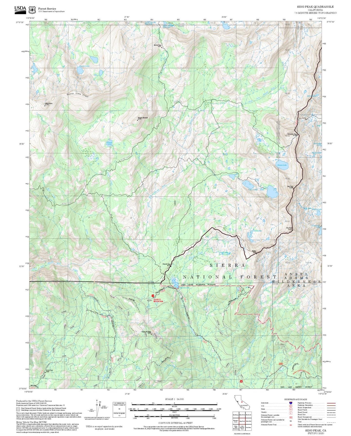 2025 Forest Service Topo Map of Sing Peak California