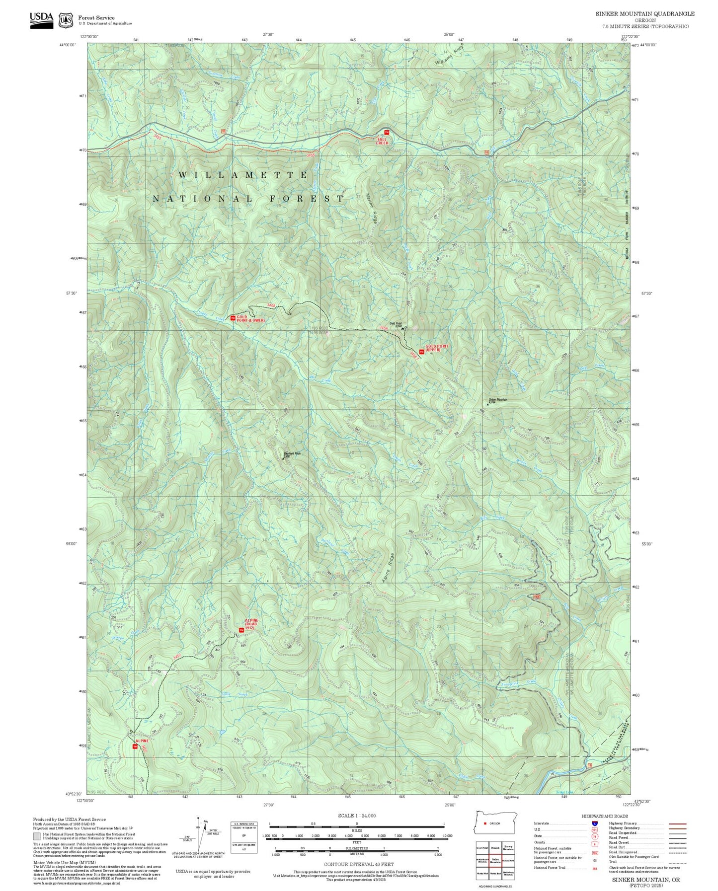 2025 Forest Service Topo Map of Sinker Mountain Oregon