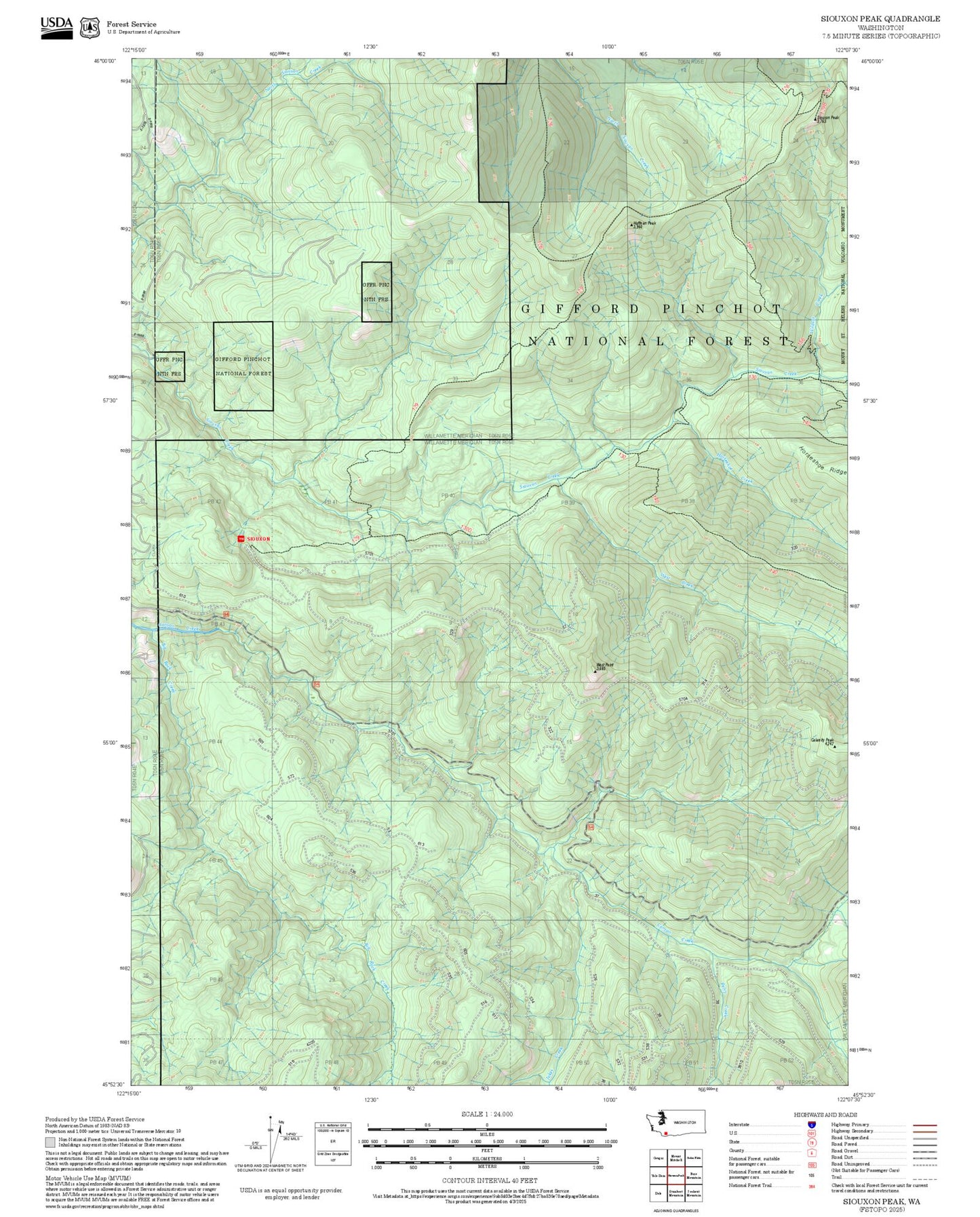2025 Forest Service Topo Map of Siouxon Peak Washington