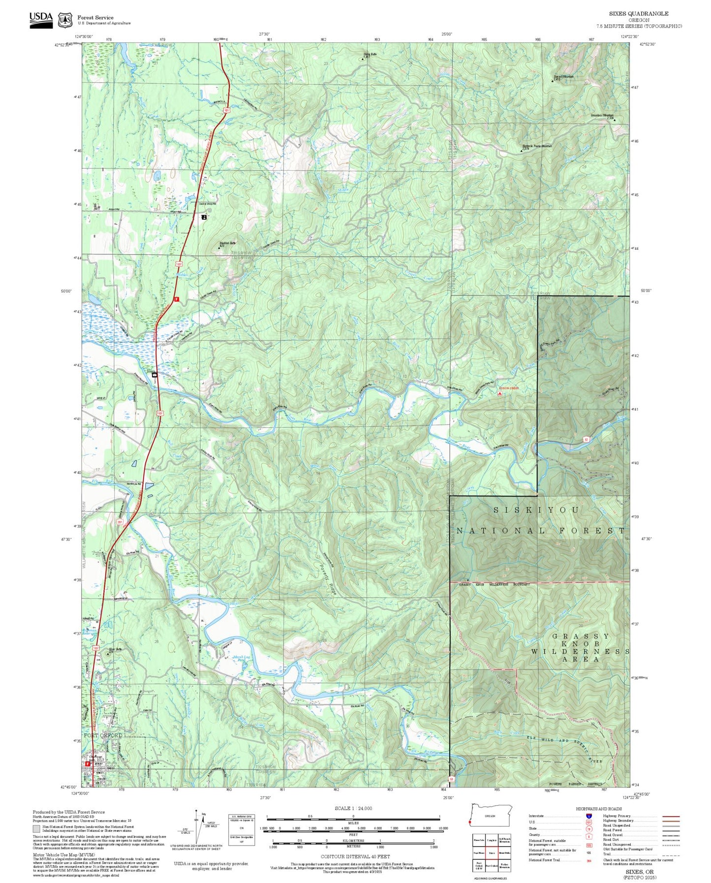 2025 Forest Service Topo Map of Sixes Oregon