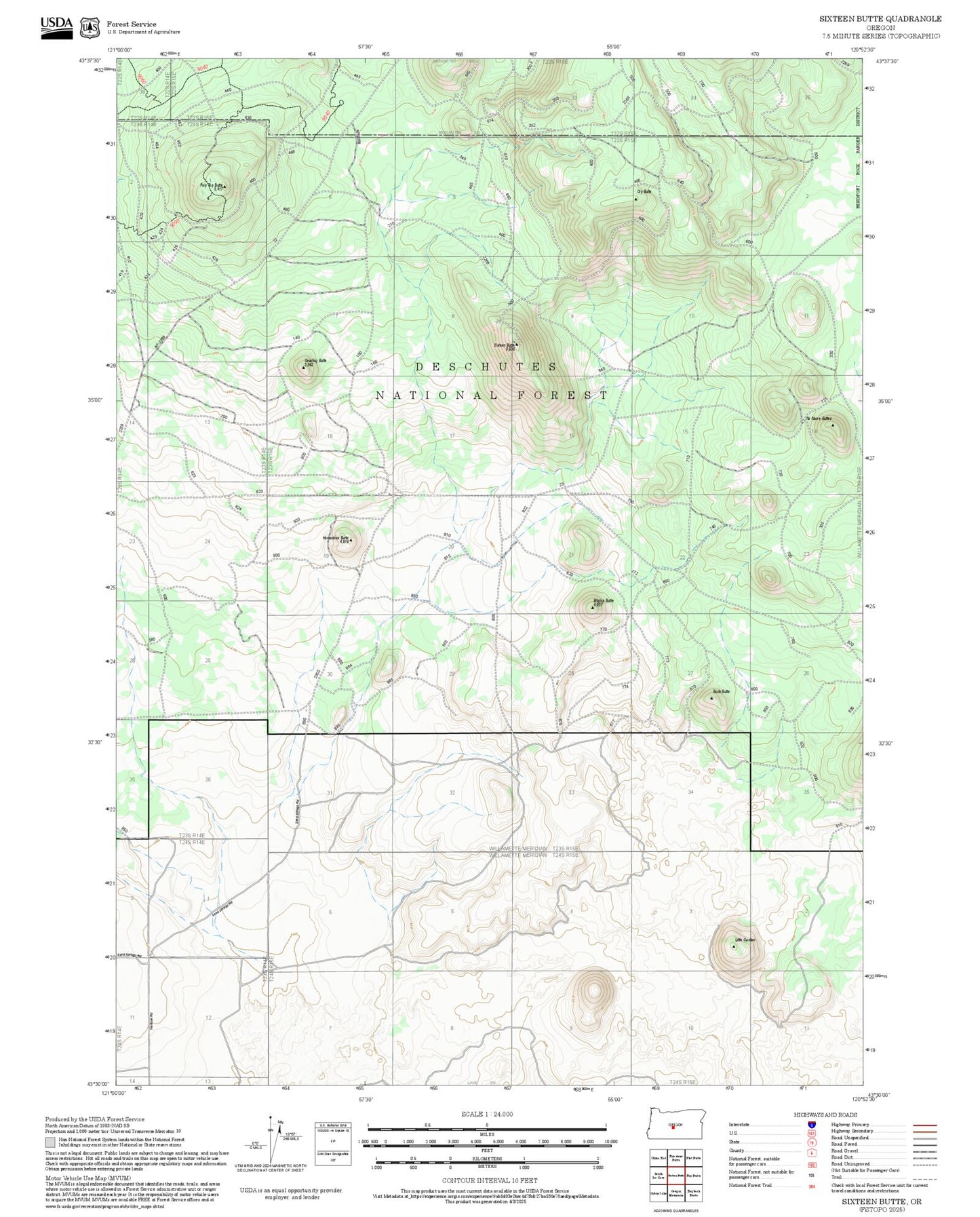 2025 Forest Service Topo Map of Sixteen Butte Oregon