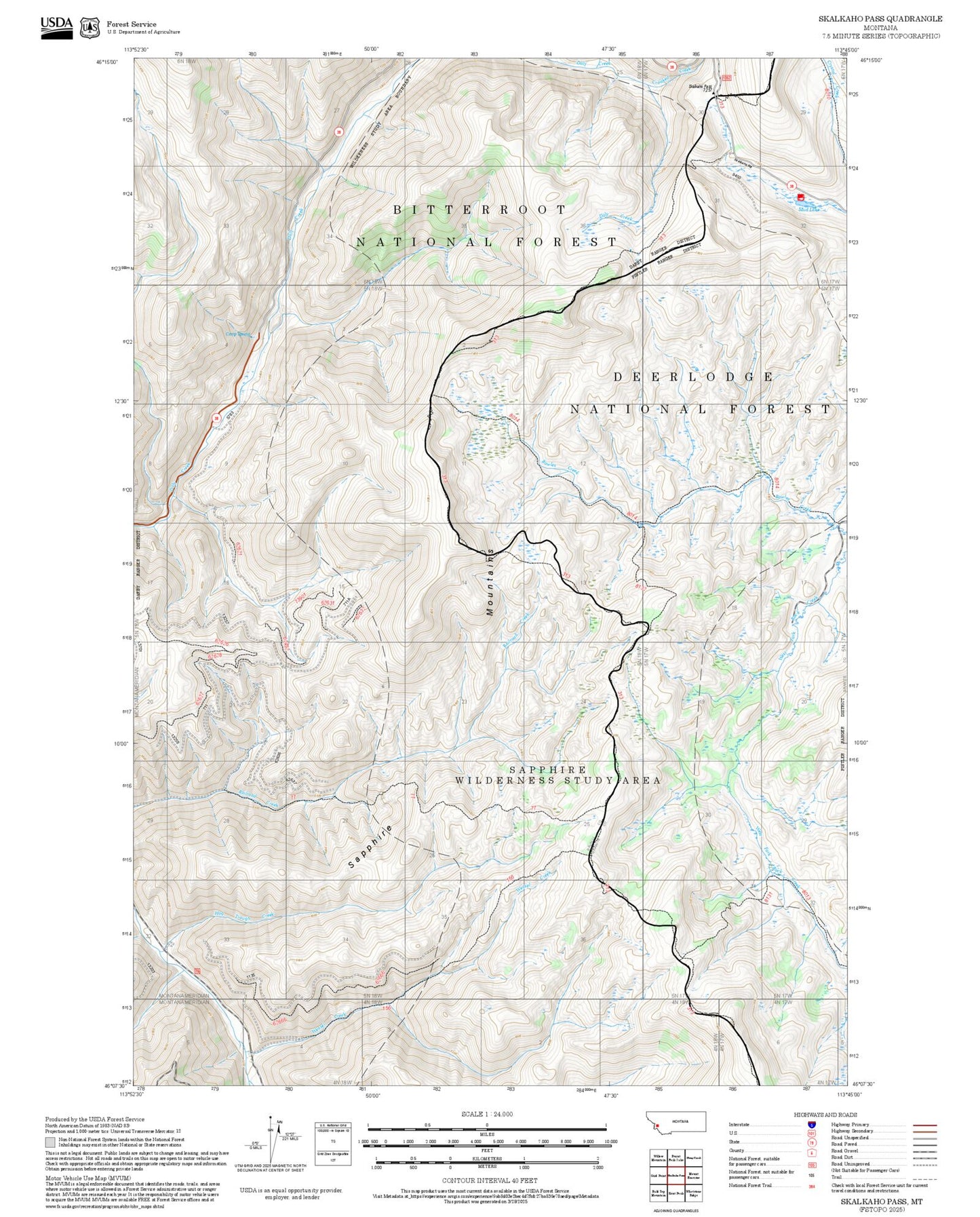 2025 Forest Service Topo Map of Skalkaho Pass Montana