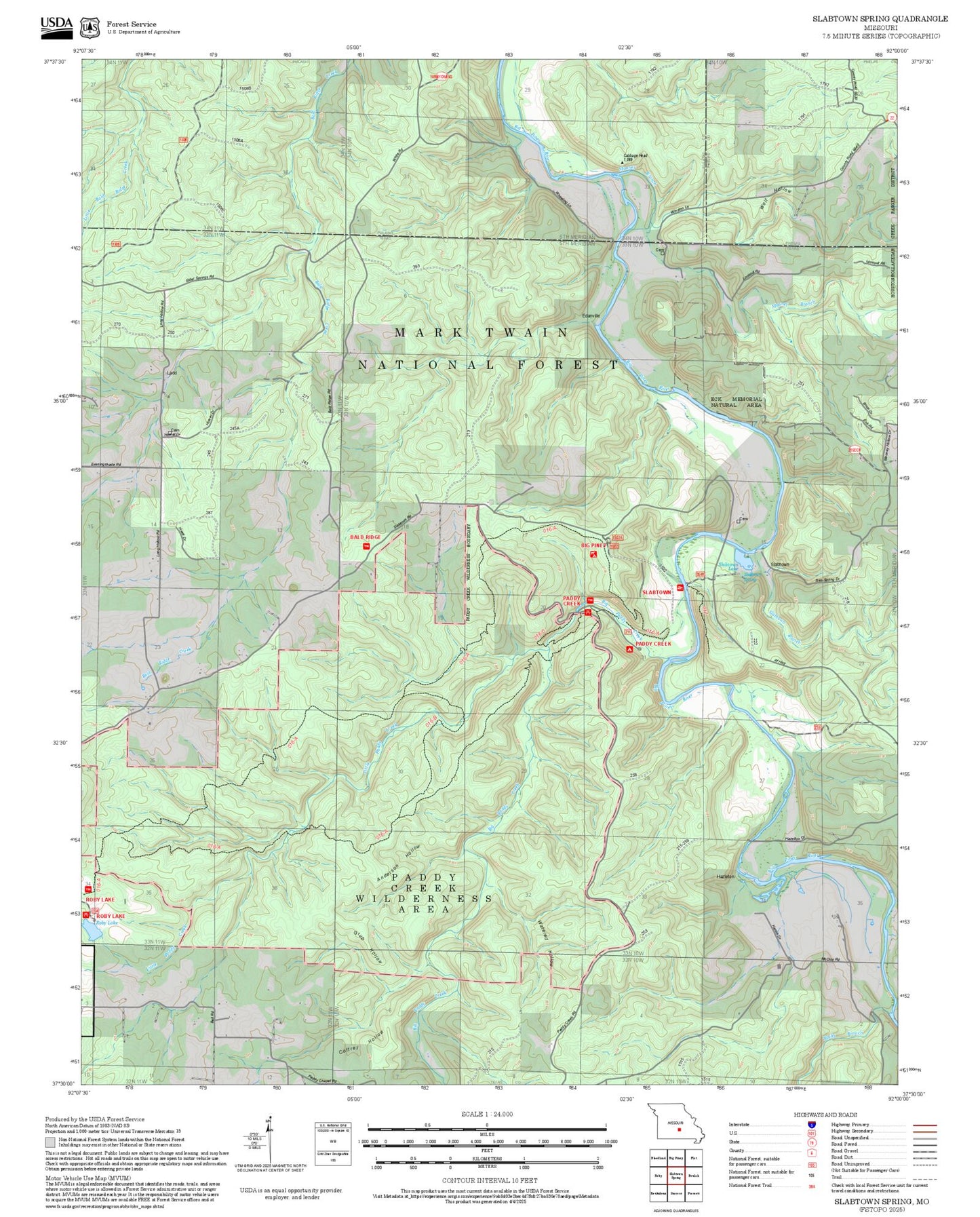 2025 Forest Service Topo Map of Slabtown Spring Missouri