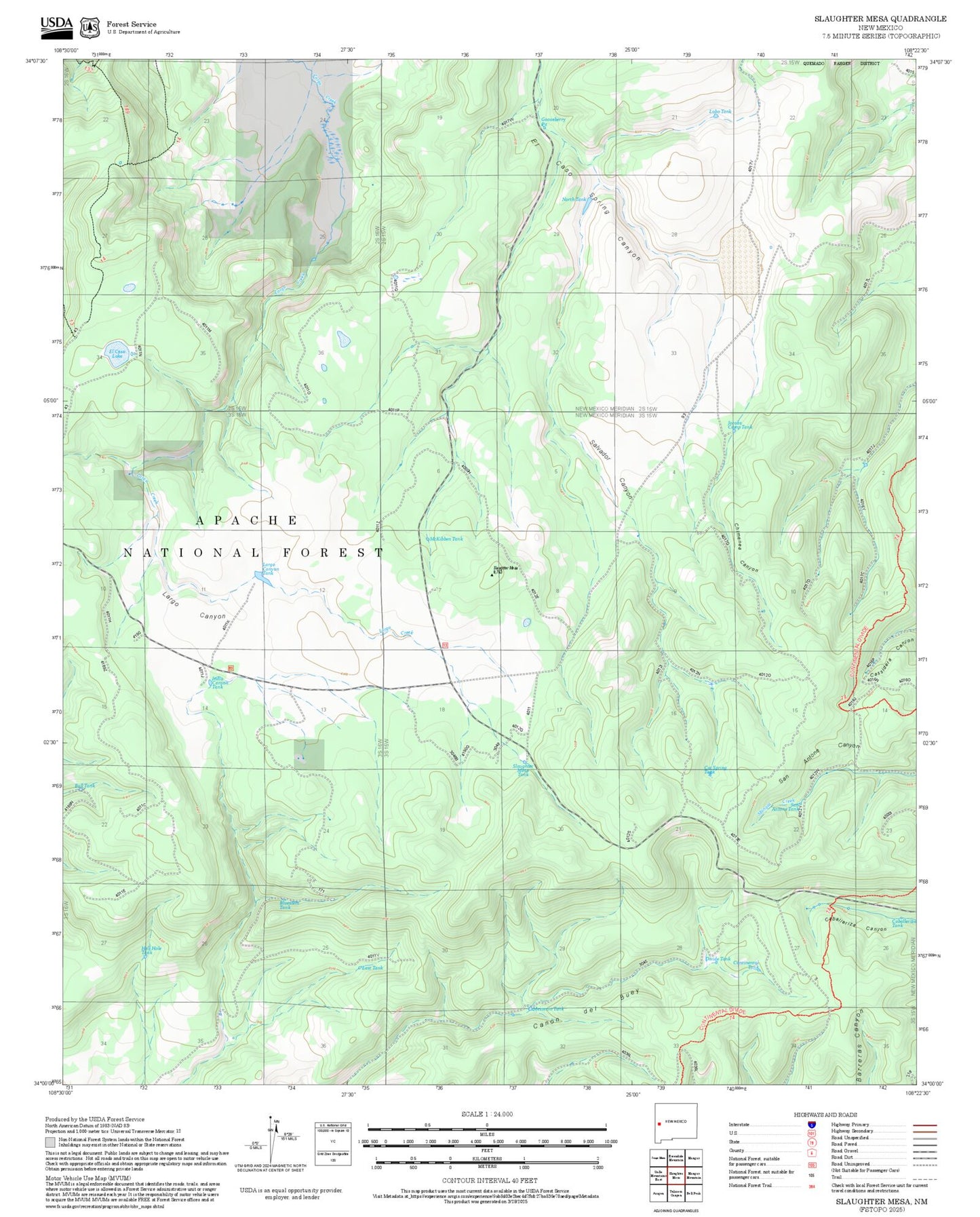 2025 Forest Service Topo Map of Slaughter Mesa New Mexico