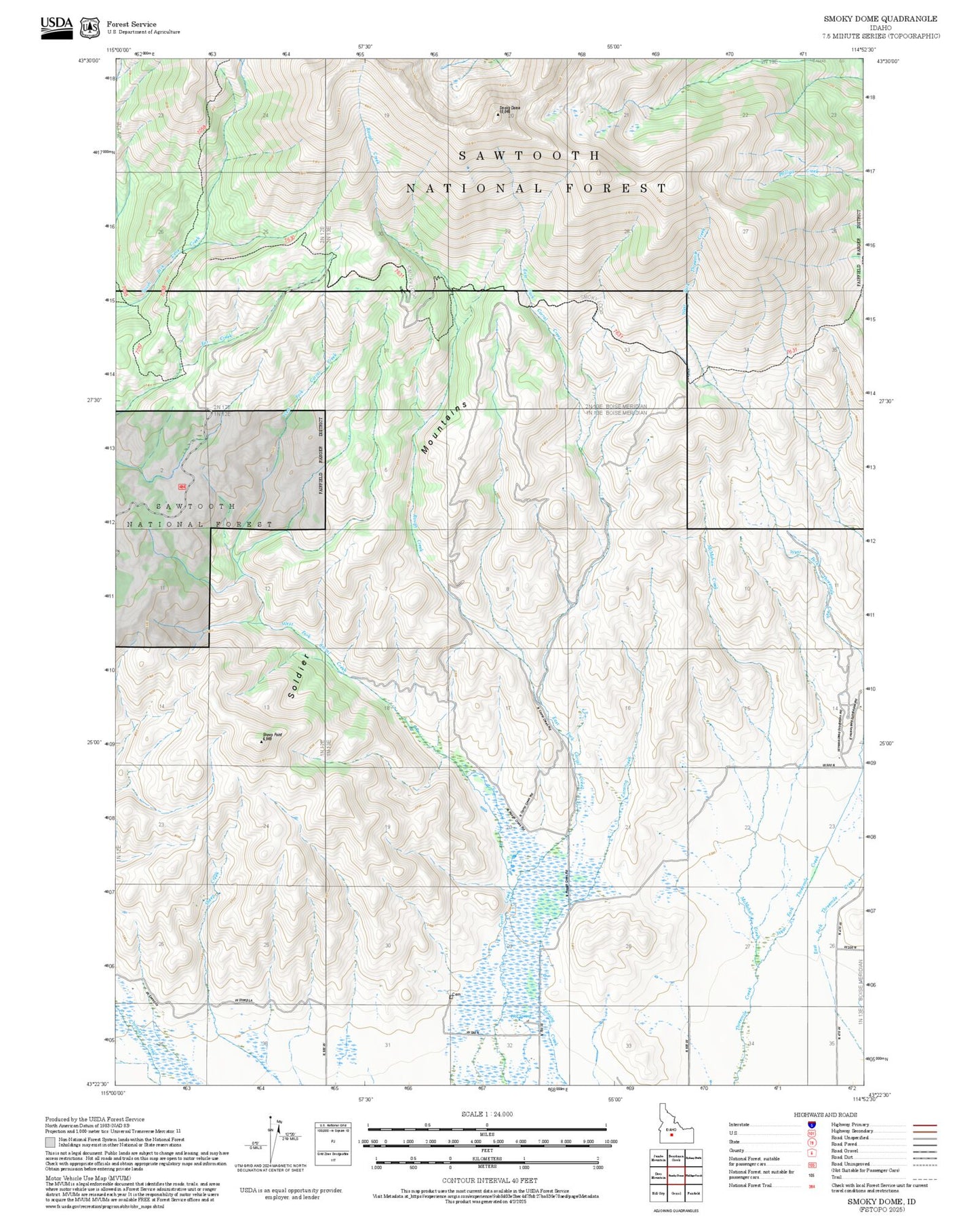2025 Forest Service Topo Map of Smoky Dome Idaho