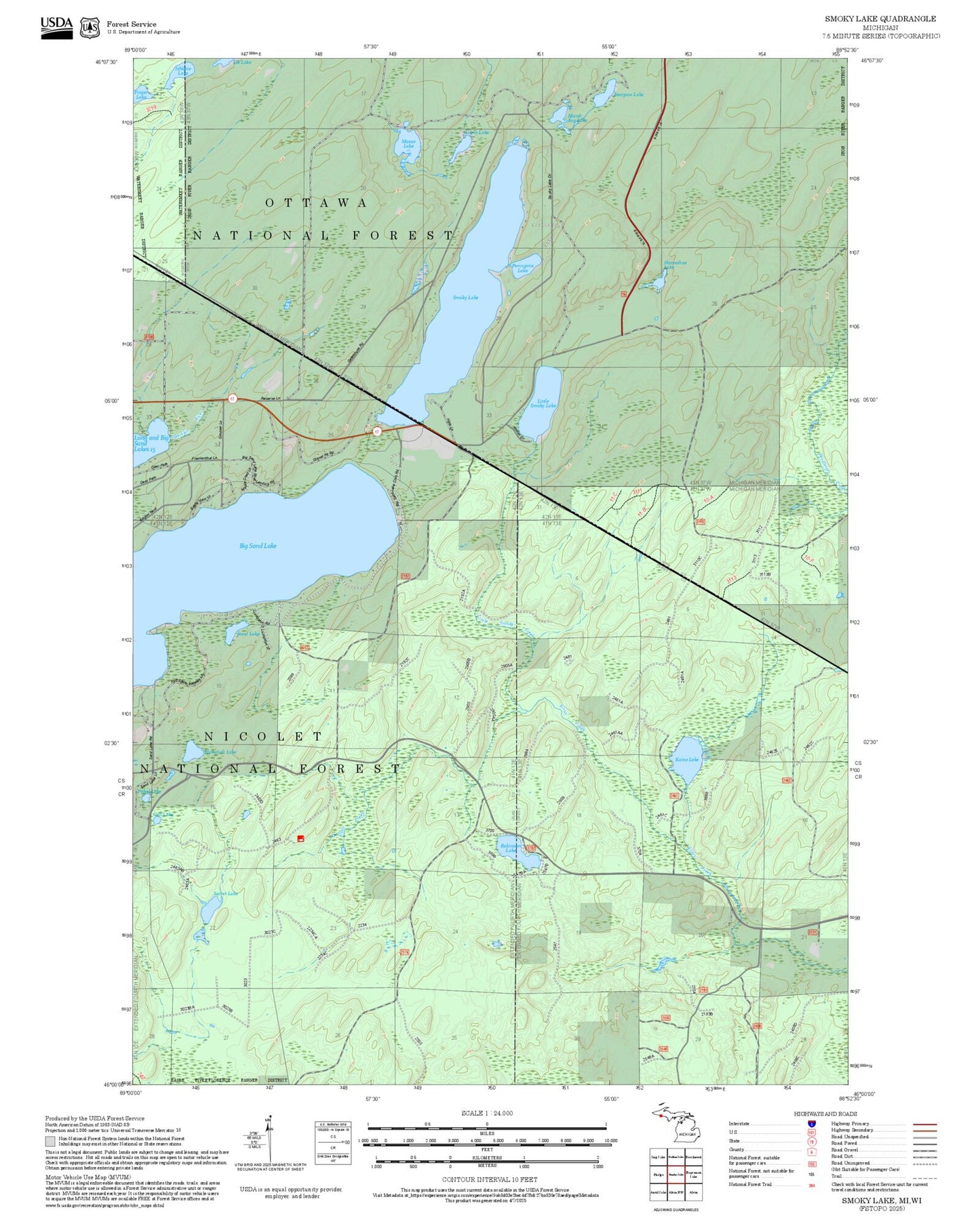 2025 Forest Service Topo Map of Smoky Lake Michigan