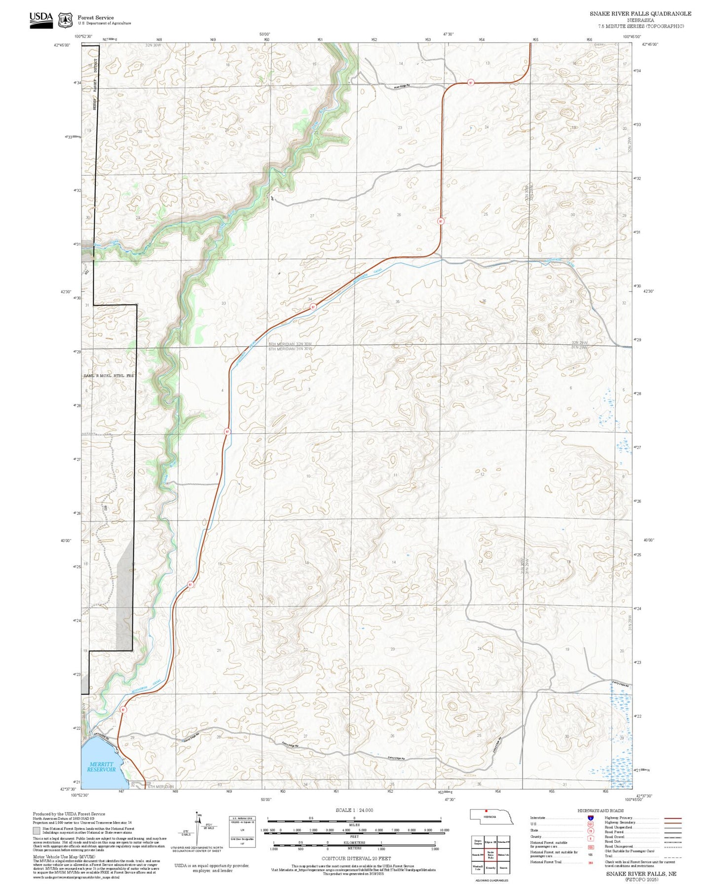 2025 Forest Service Topo Map of Snake River Falls Nebraska