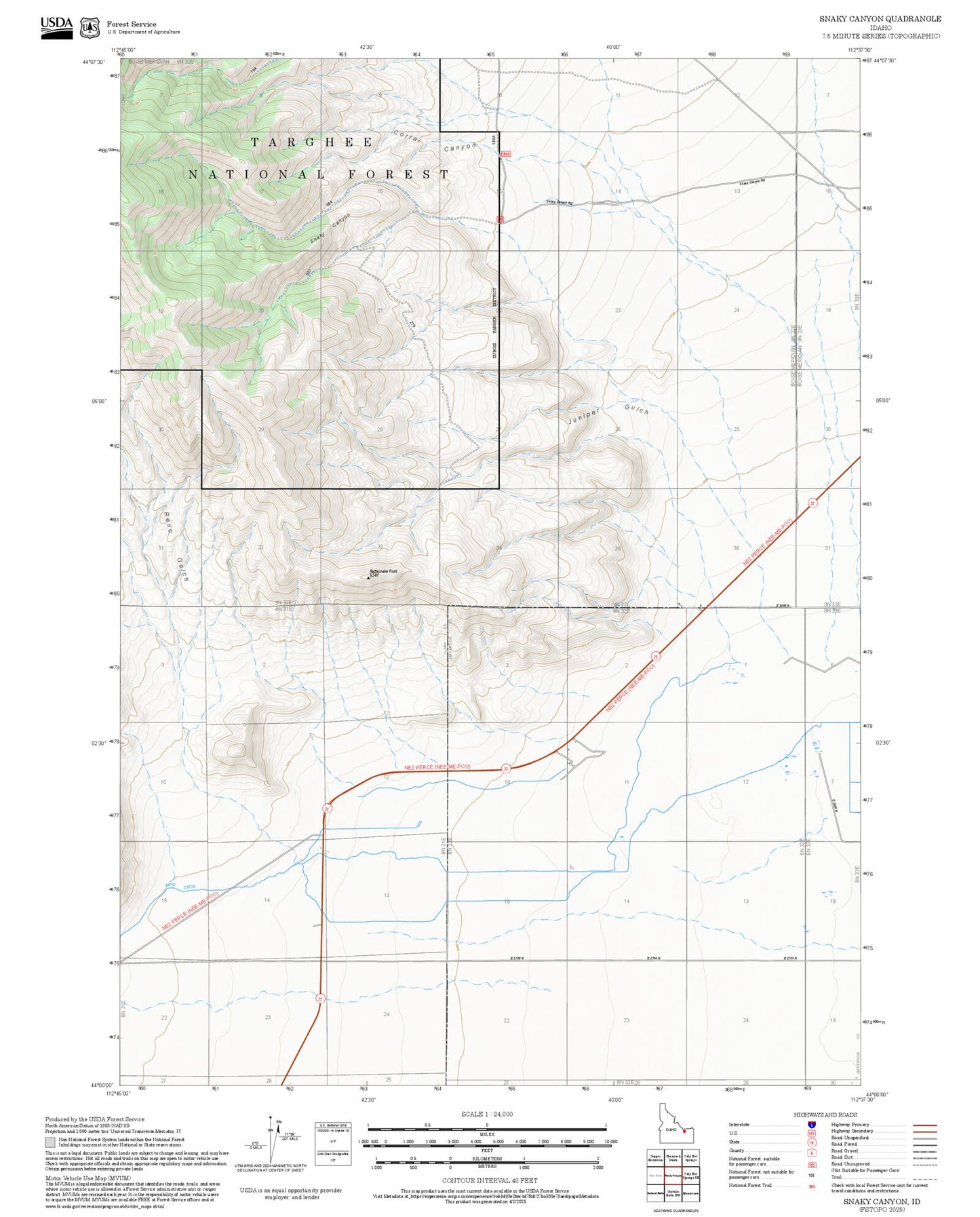 2025 Forest Service Topo Map of Snaky Canyon Idaho