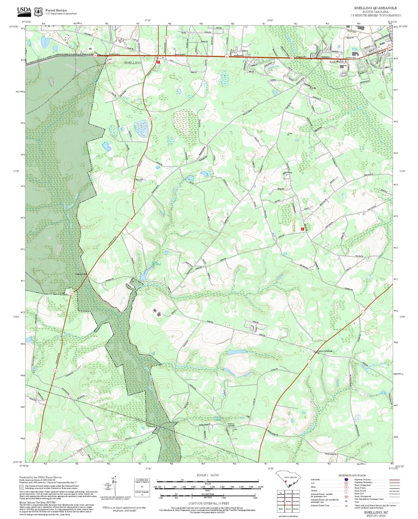 2025 Forest Service Topo Map of Snelling South Carolina