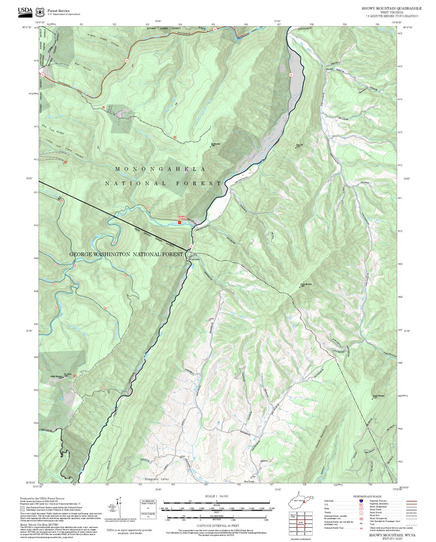 2025 Forest Service Topo Map of Snowy Mountain West Virginia