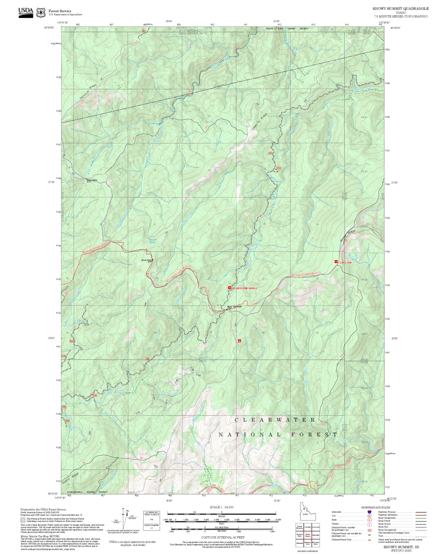2025 Forest Service Topo Map of Snowy Summit Idaho