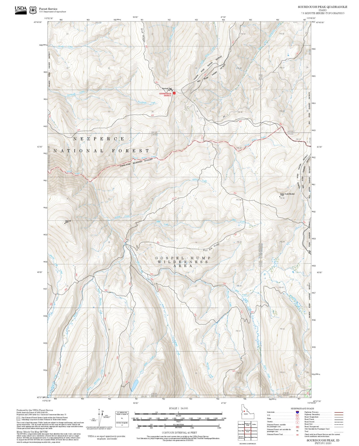 2025 Forest Service Topo Map of Sourdough Peak Idaho