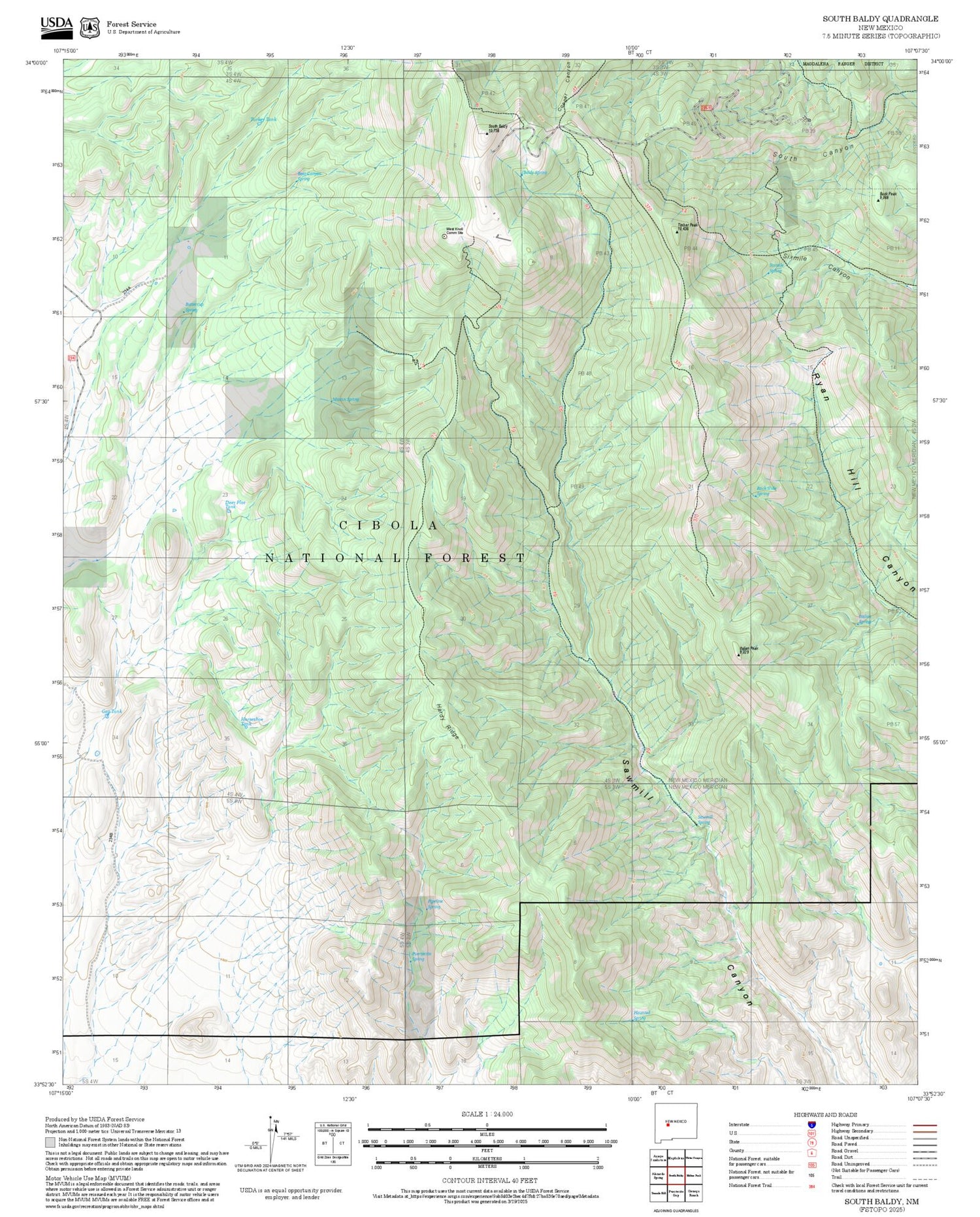 2025 Forest Service Topo Map of South Baldy New Mexico