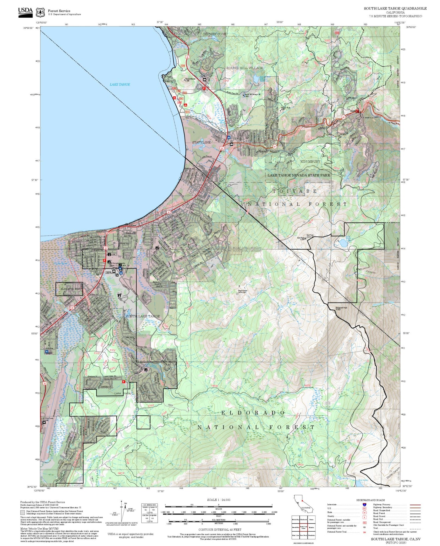2025 Forest Service Topo Map of South Lake Tahoe California