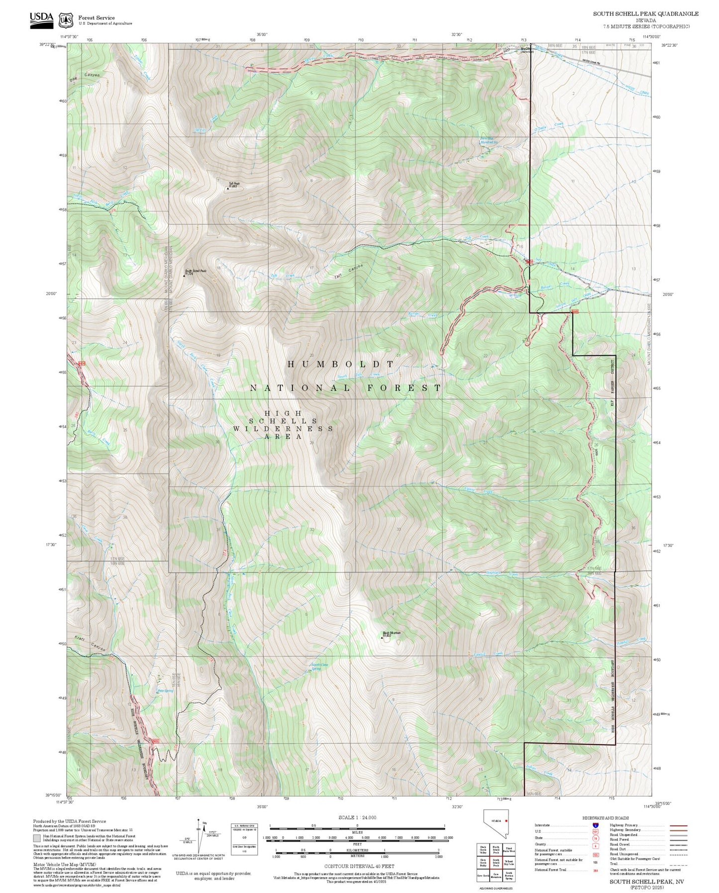 2025 Forest Service Topo Map of South Schell Peak Nevada