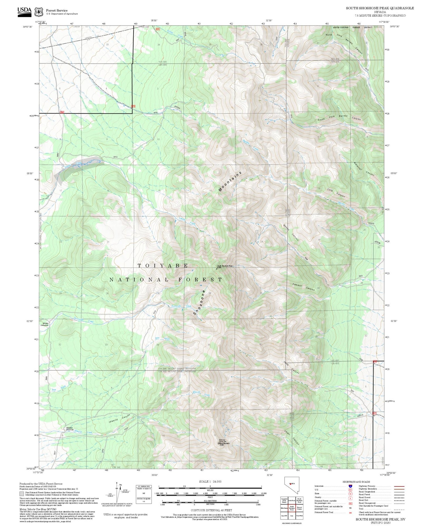 2025 Forest Service Topo Map of South Shoshone Peak Nevada