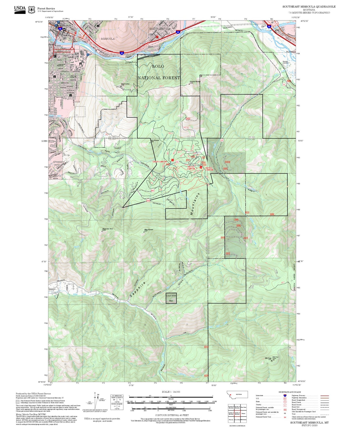 2025 Forest Service Topo Map of Southeast Missoula Montana