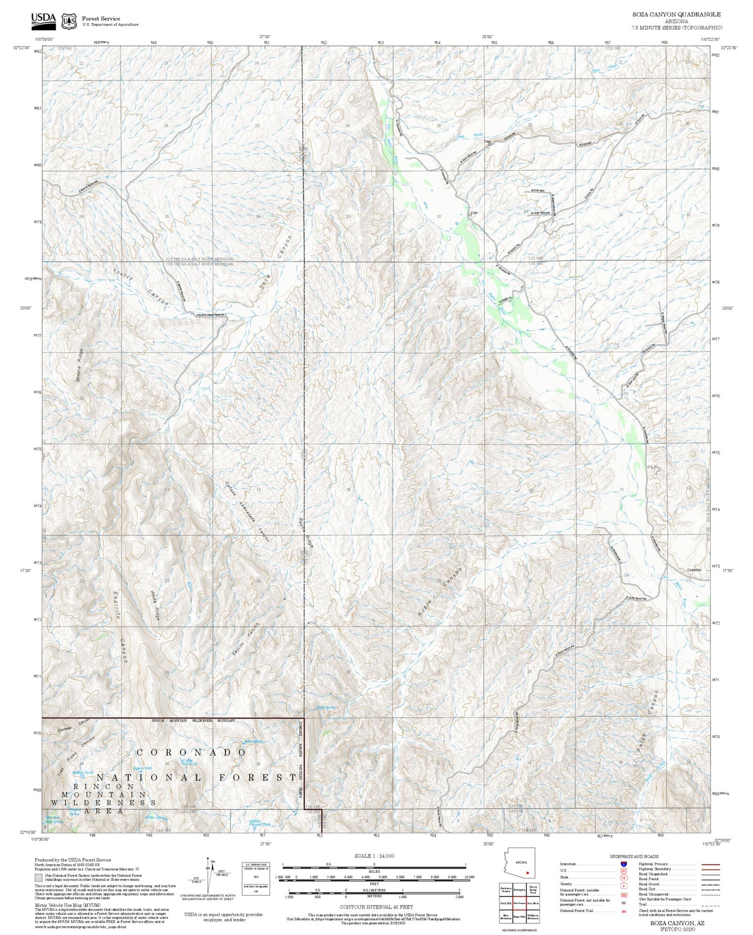 2025 Forest Service Topo Map of Soza Canyon Arizona