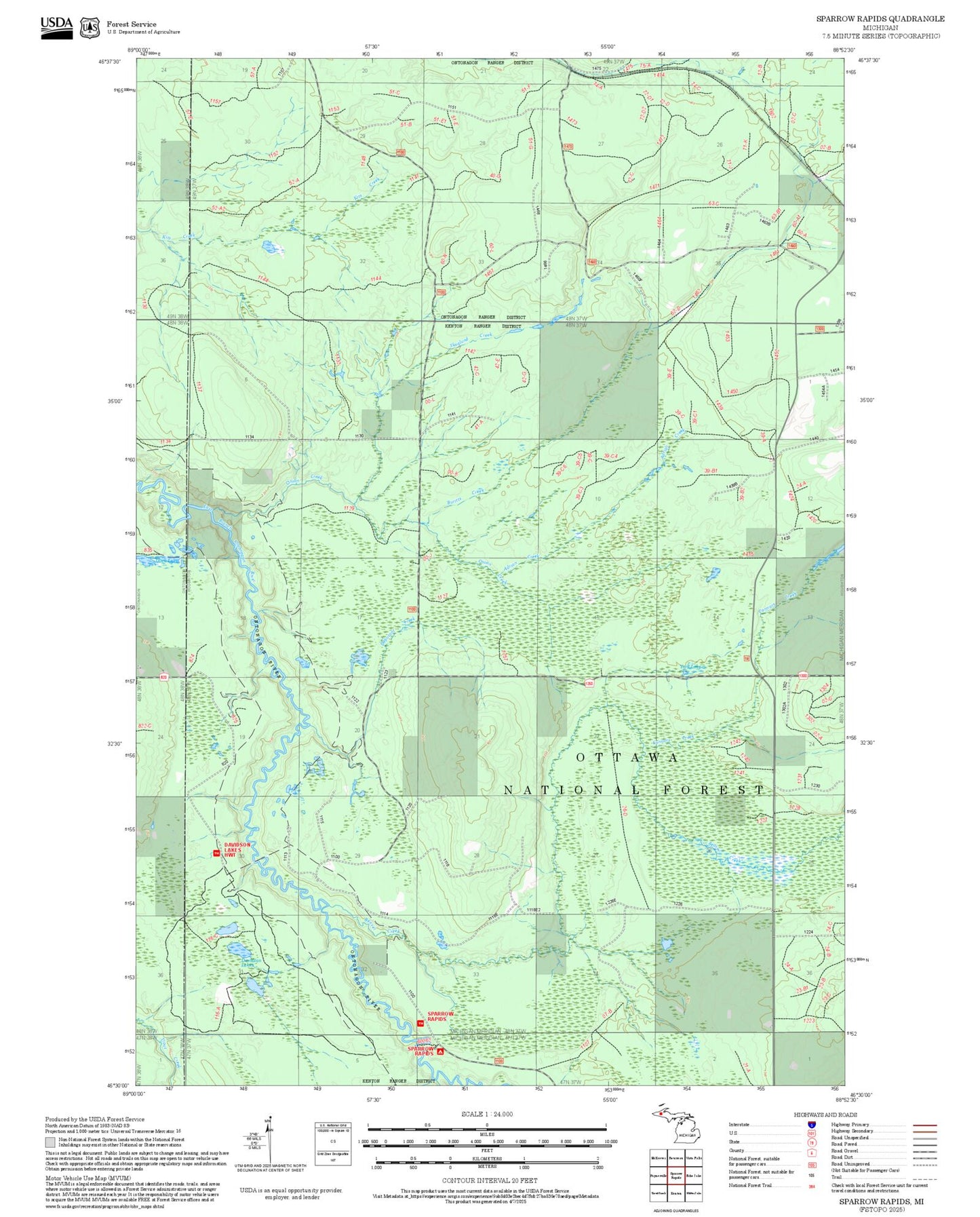2025 Forest Service Topo Map of Sparrow Rapids Michigan