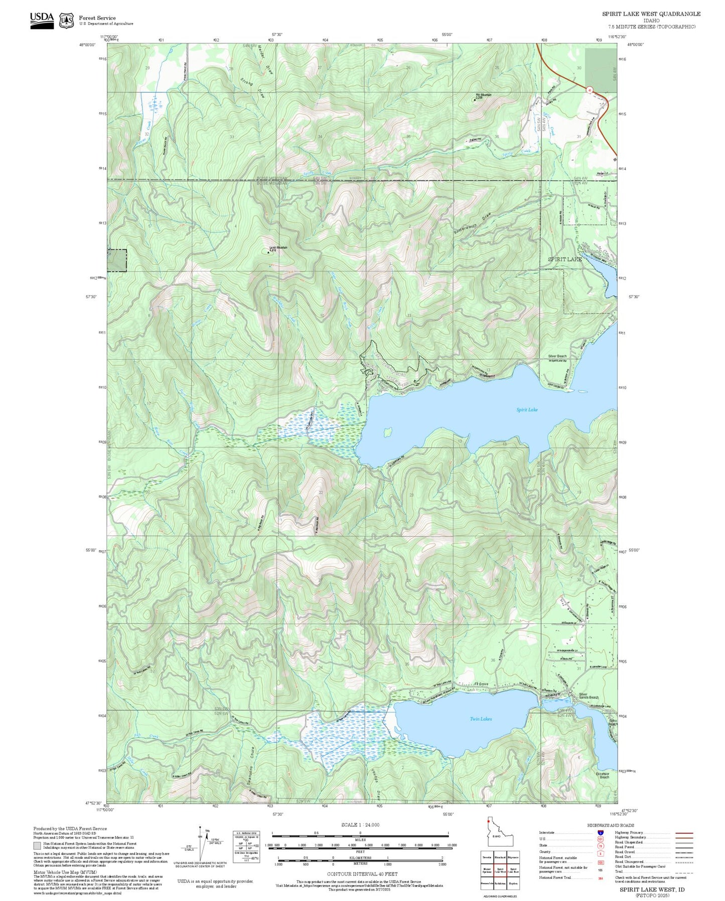 2025 Forest Service Topo Map of Spirit Lake West Idaho