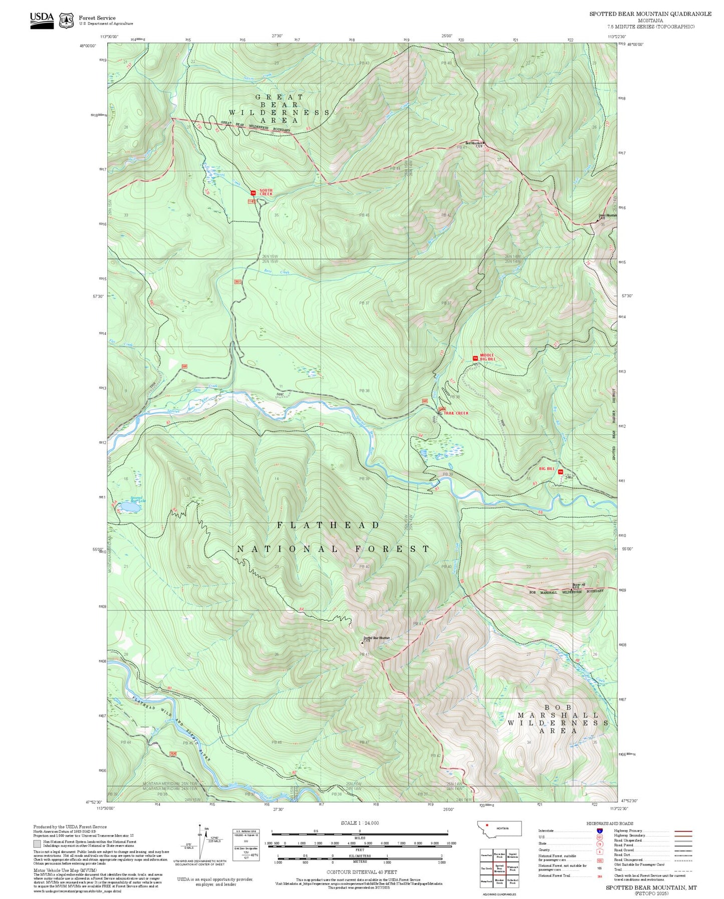 2025 Forest Service Topo Map of Spotted Bear Mountain Montana