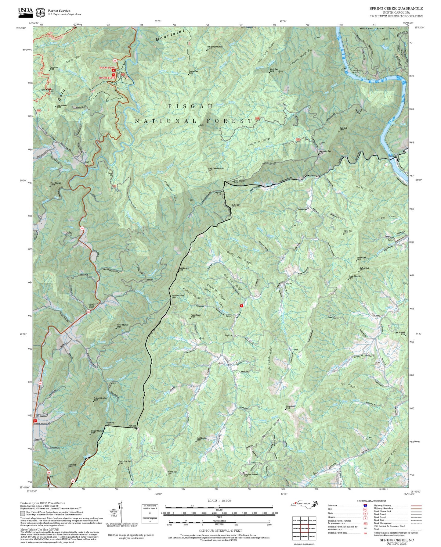 2025 Forest Service Topo Map of Spring Creek North Carolina