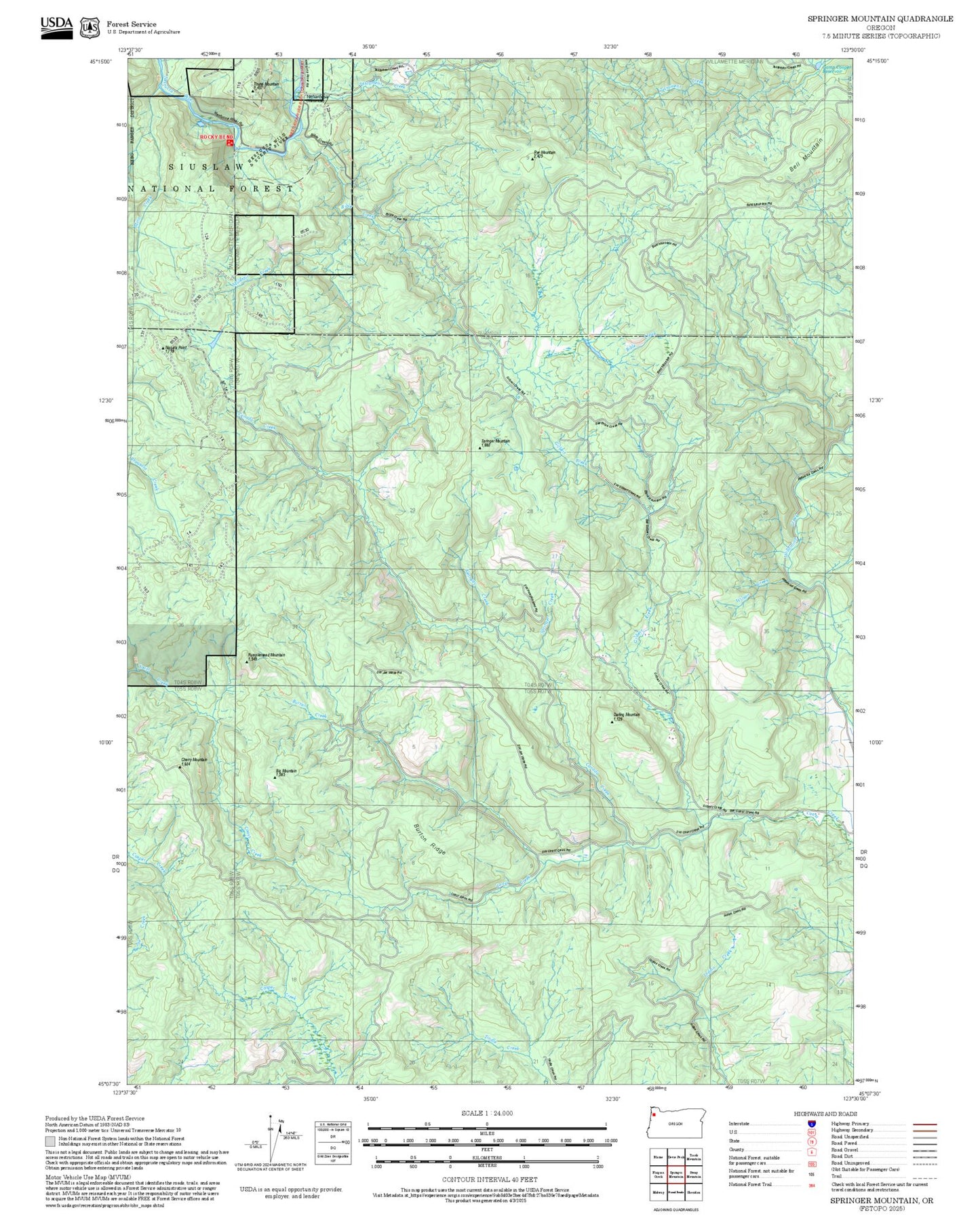 2025 Forest Service Topo Map of Springer Mountain Oregon