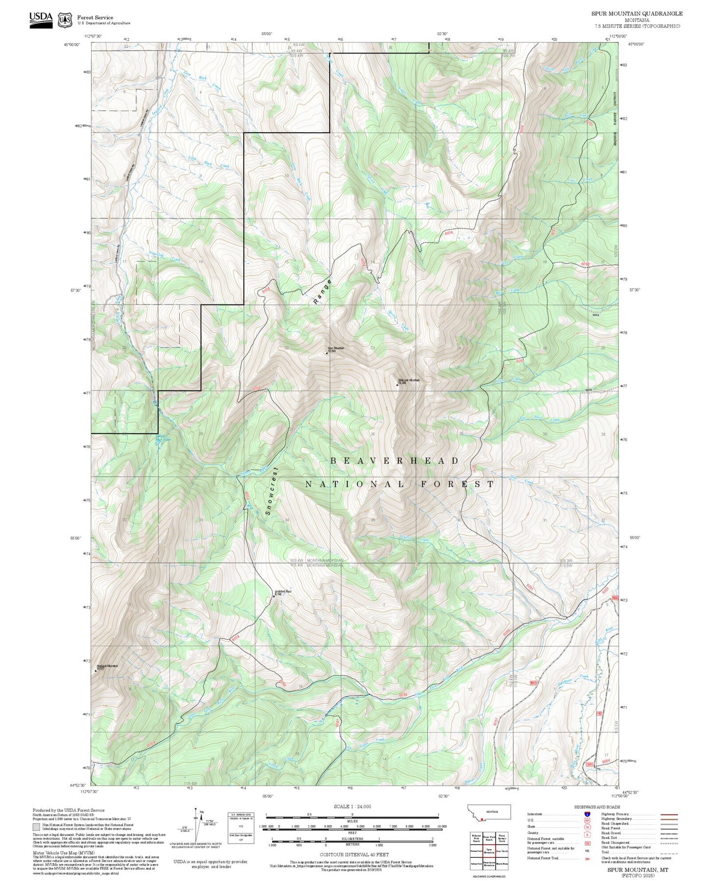 2025 Forest Service Topo Map of Spur Mountain Montana
