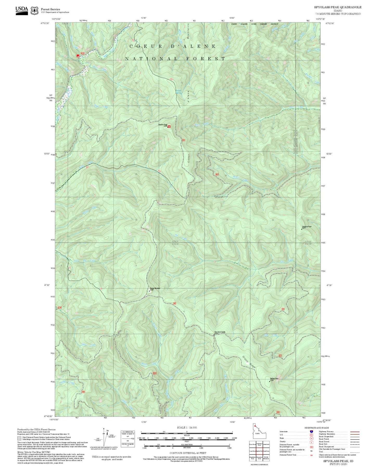 2025 Forest Service Topo Map of Spyglass Peak Idaho