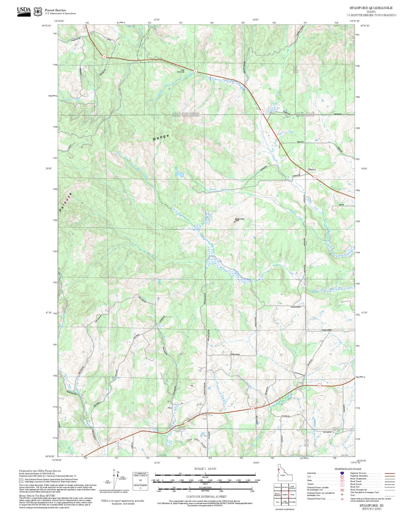 2025 Forest Service Topo Map of Stanford Idaho