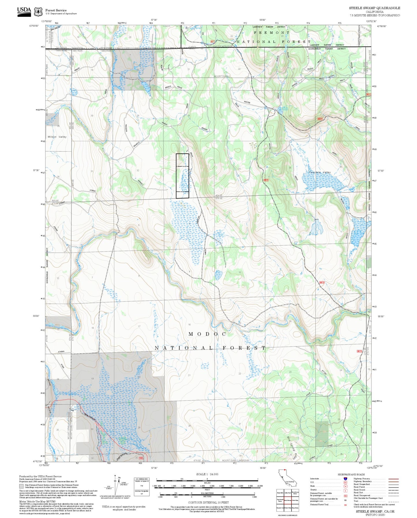 2025 Forest Service Topo Map of Steele Swamp California