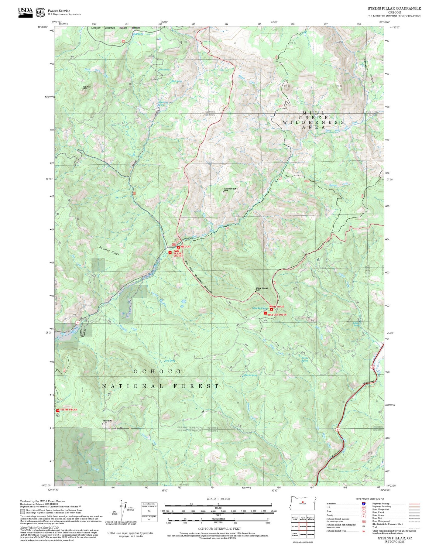 2025 Forest Service Topo Map of Steins Pillar Oregon