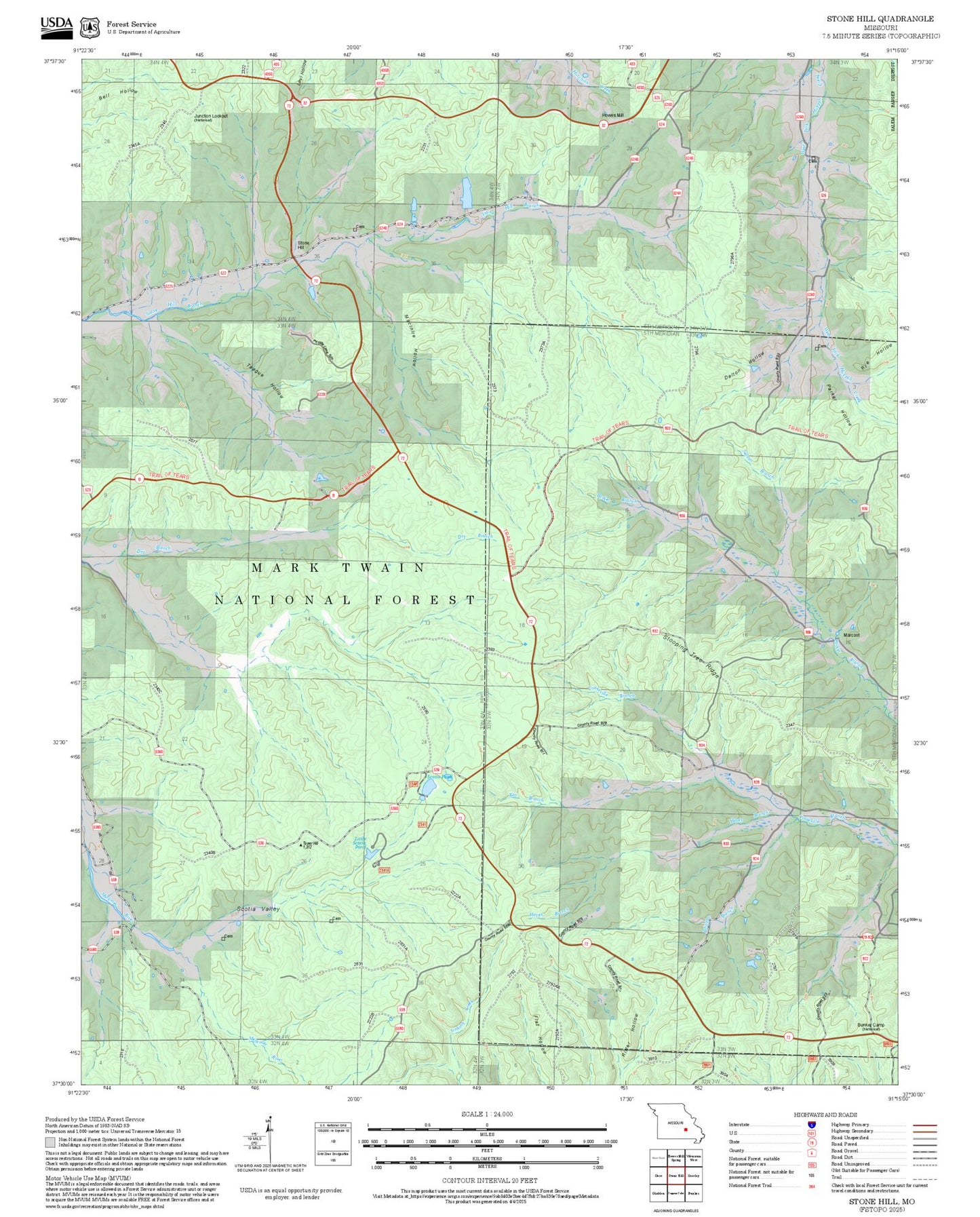 2025 Forest Service Topo Map of Stone Hill Missouri