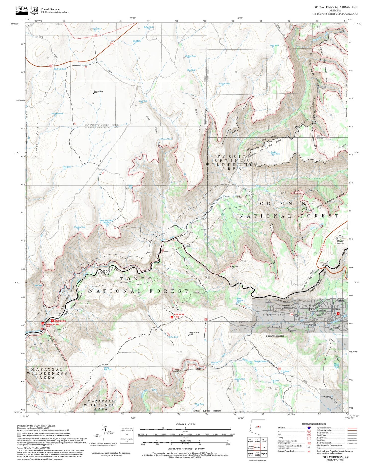2025 Forest Service Topo Map of Strawberry Arizona