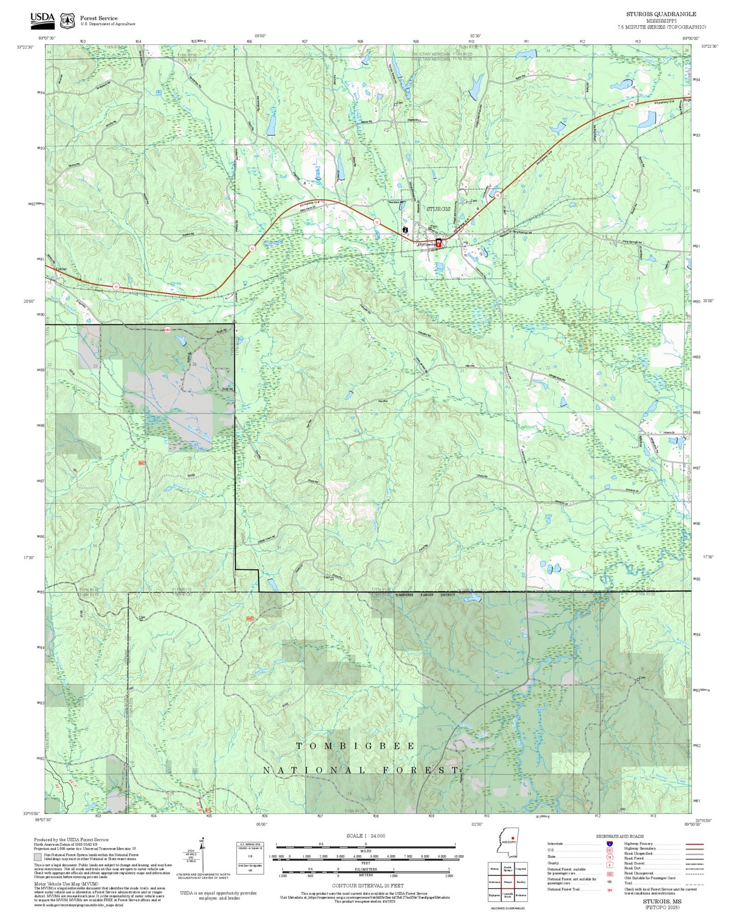2025 Forest Service Topo Map of Sturgis Mississippi