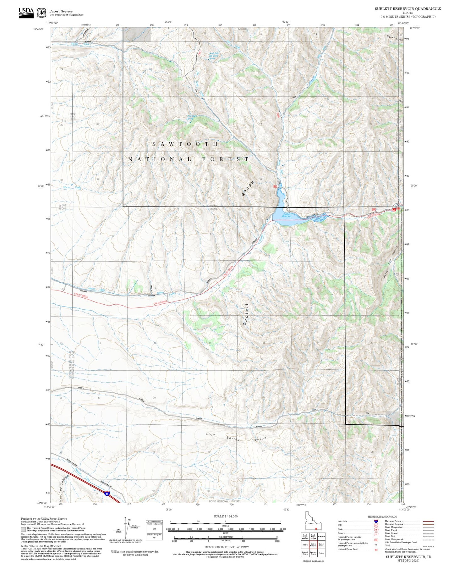 2025 Forest Service Topo Map of Sublett Reservoir Idaho