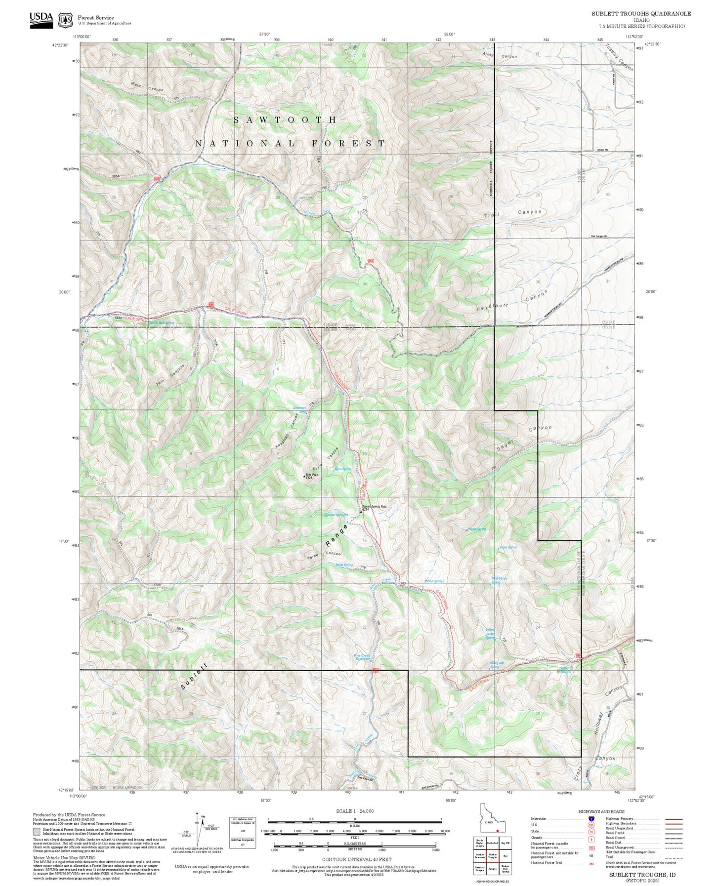 2025 Forest Service Topo Map of Sublett Troughs Idaho