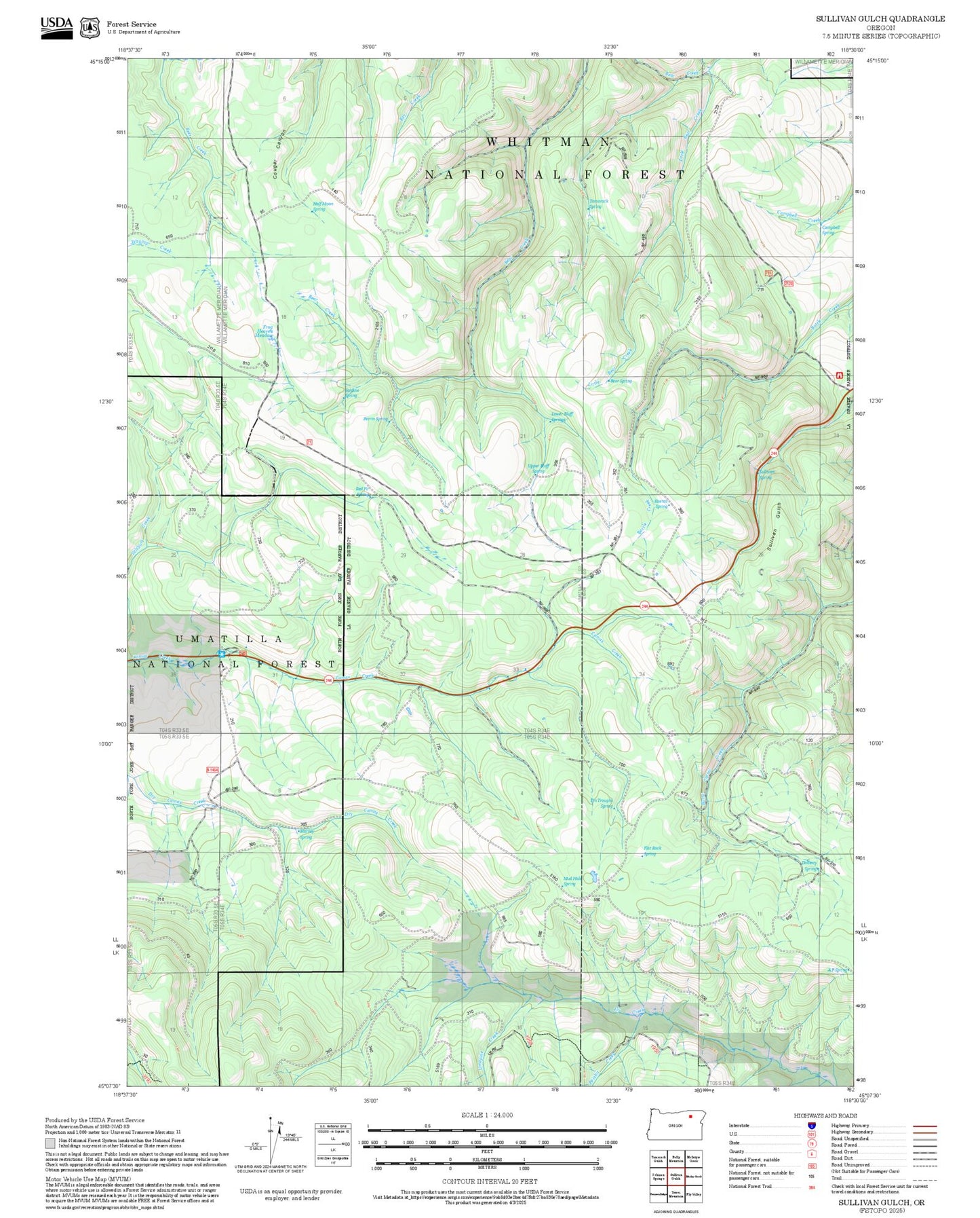 2025 Forest Service Topo Map of Sullivan Gulch Oregon