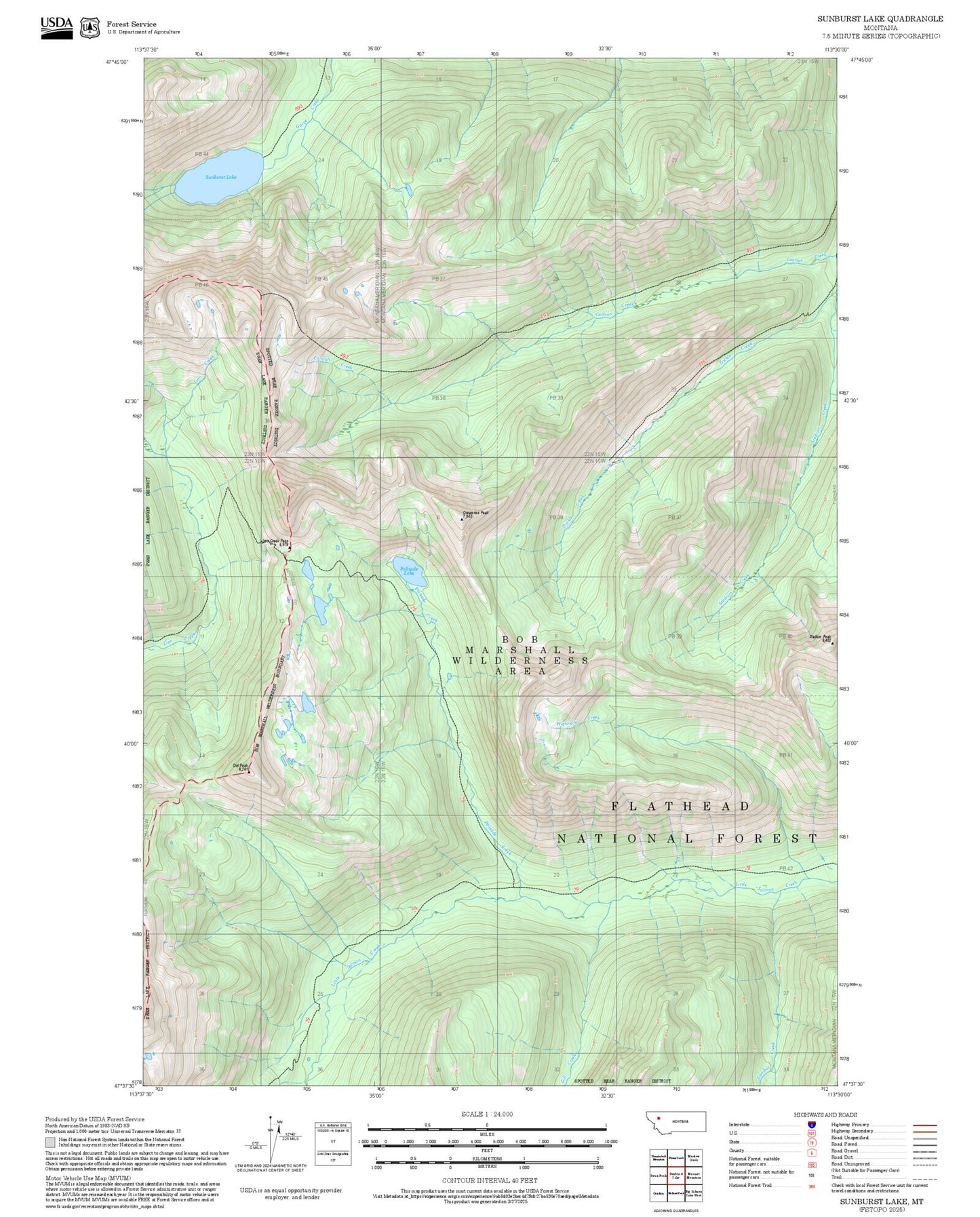 2025 Forest Service Topo Map of Sunburst Lake Montana
