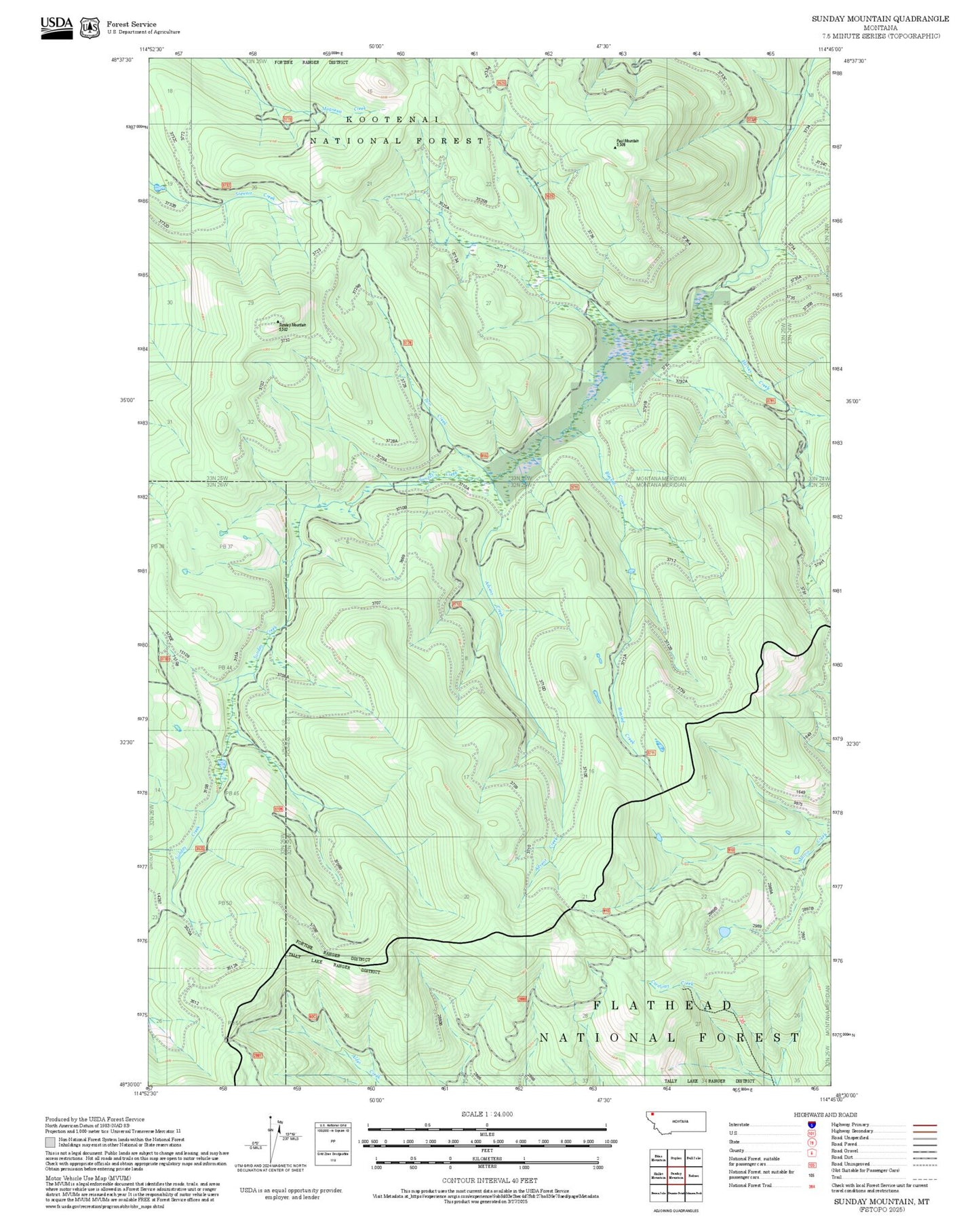2025 Forest Service Topo Map of Sunday Mountain Montana