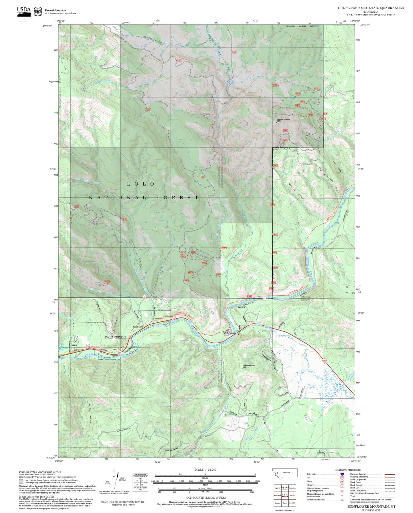 2025 Forest Service Topo Map of Sunflower Mountain Montana