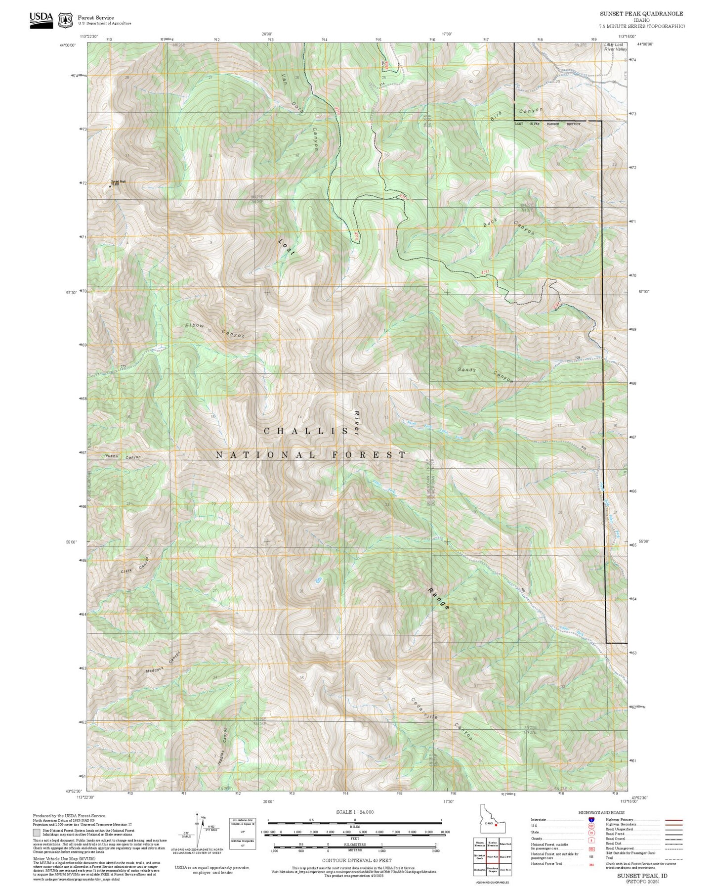 2025 Forest Service Topo Map of Sunset Peak Idaho