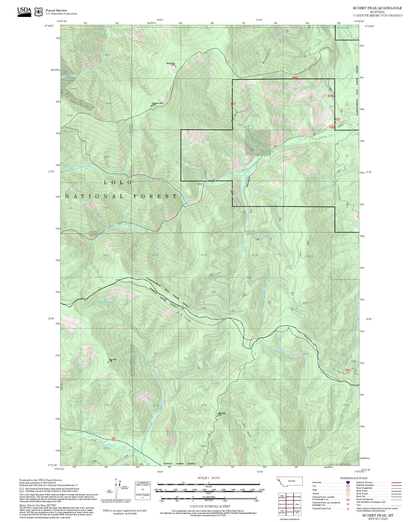 2025 Forest Service Topo Map of Sunset Peak Montana