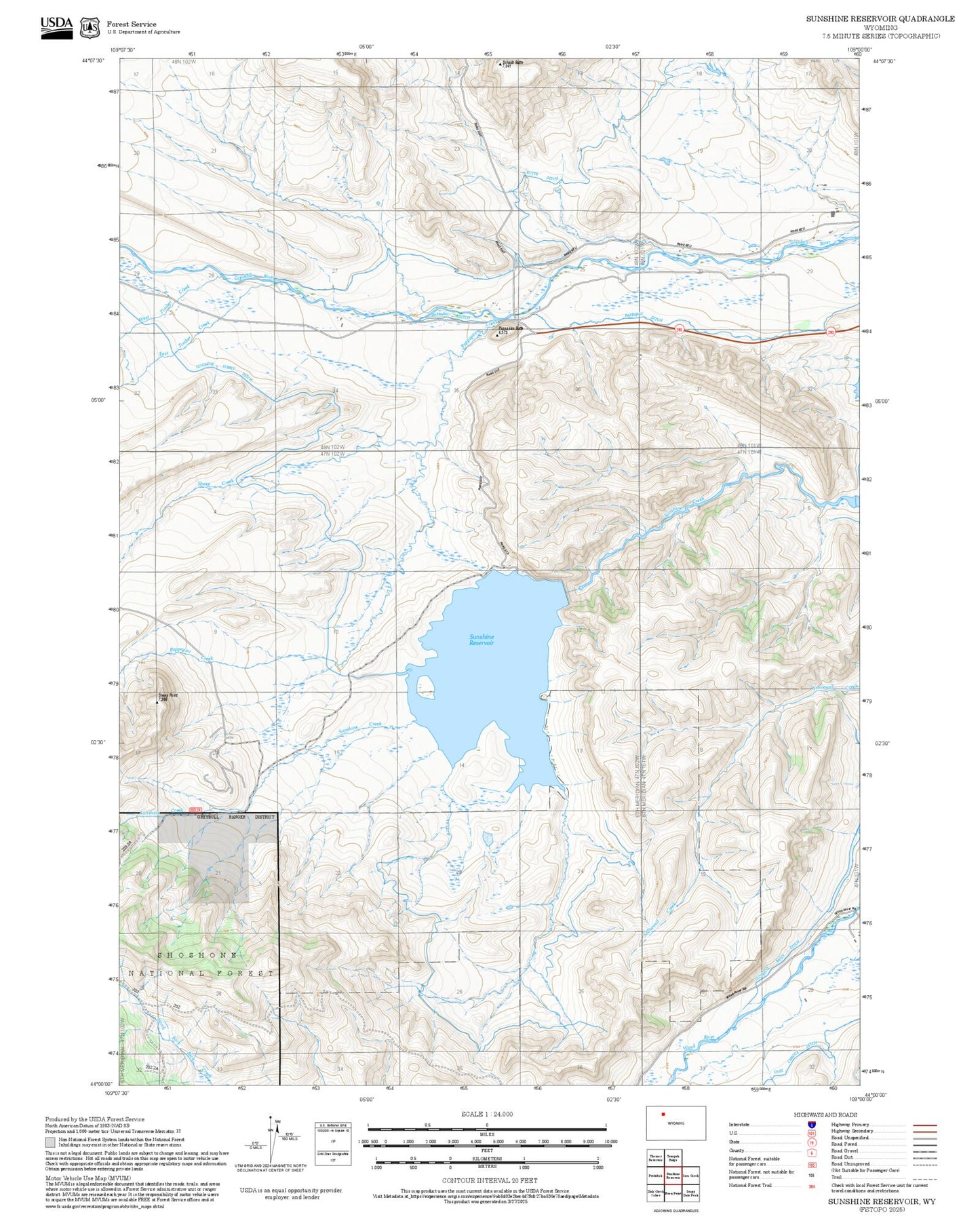 2025 Forest Service Topo Map of Sunshine Reservoir Wyoming