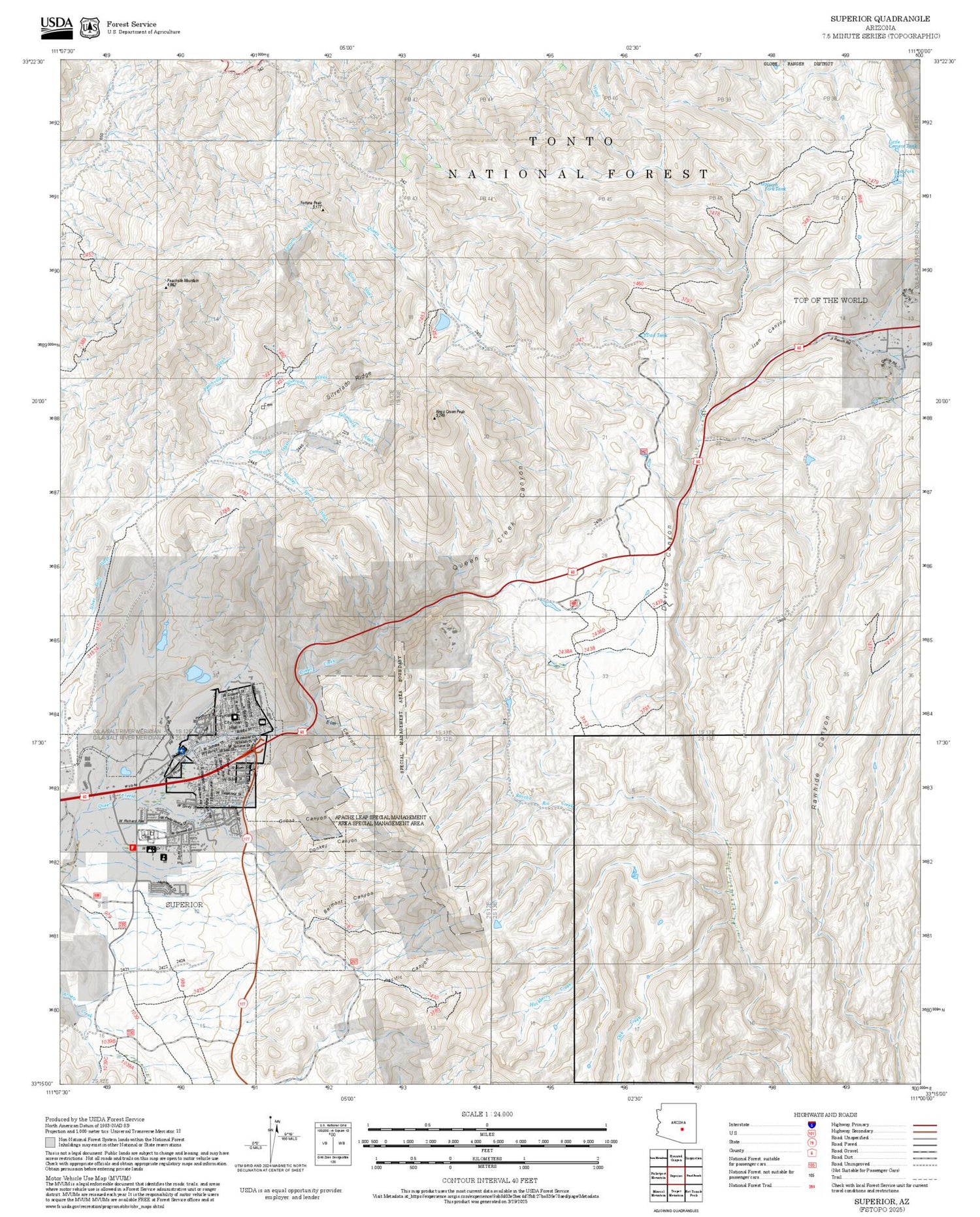 2025 Forest Service Topo Map of Superior Arizona