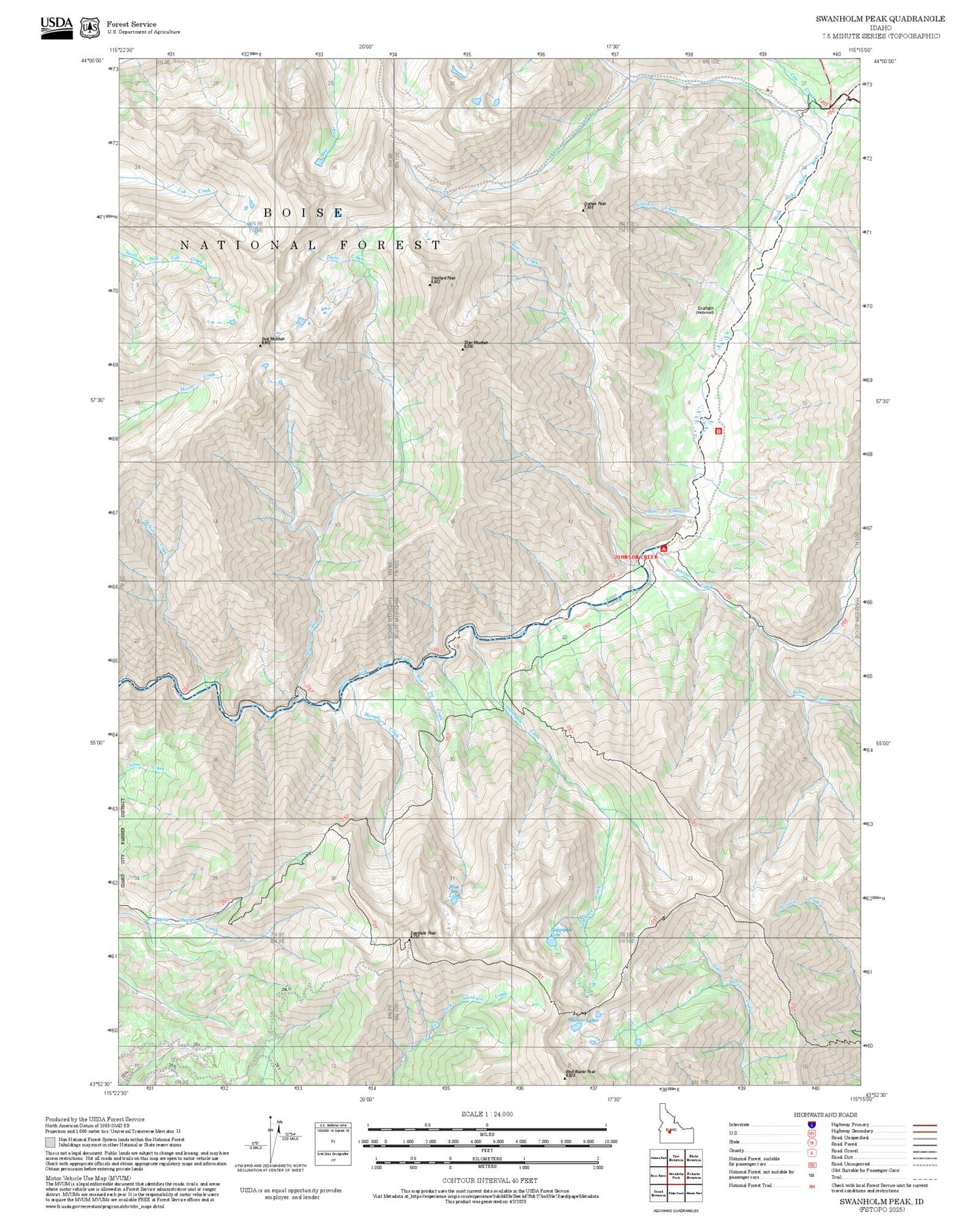 2025 Forest Service Topo Map of Swanholm Peak Idaho