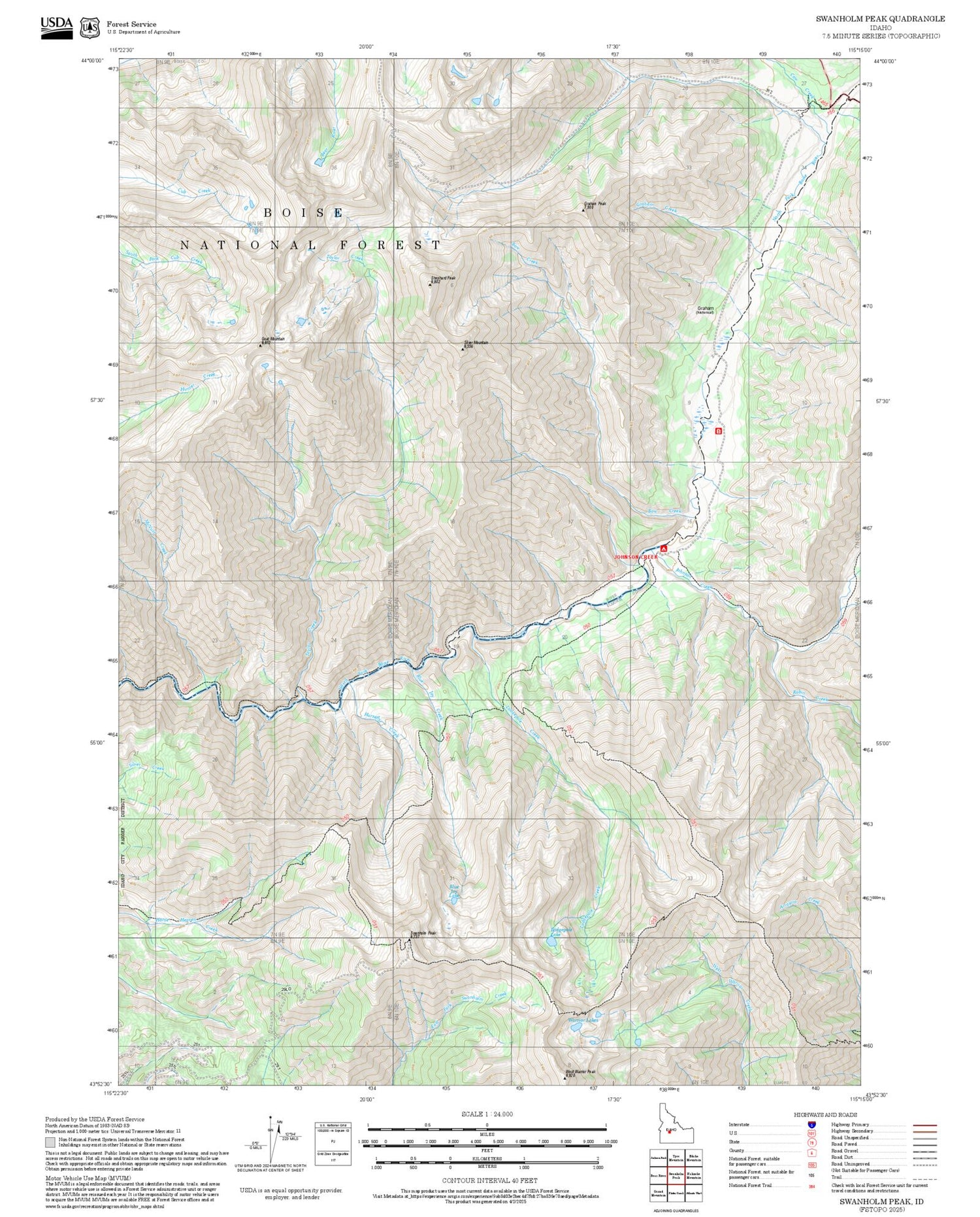 2025 Forest Service Topo Map of Swanholm Peak Idaho
